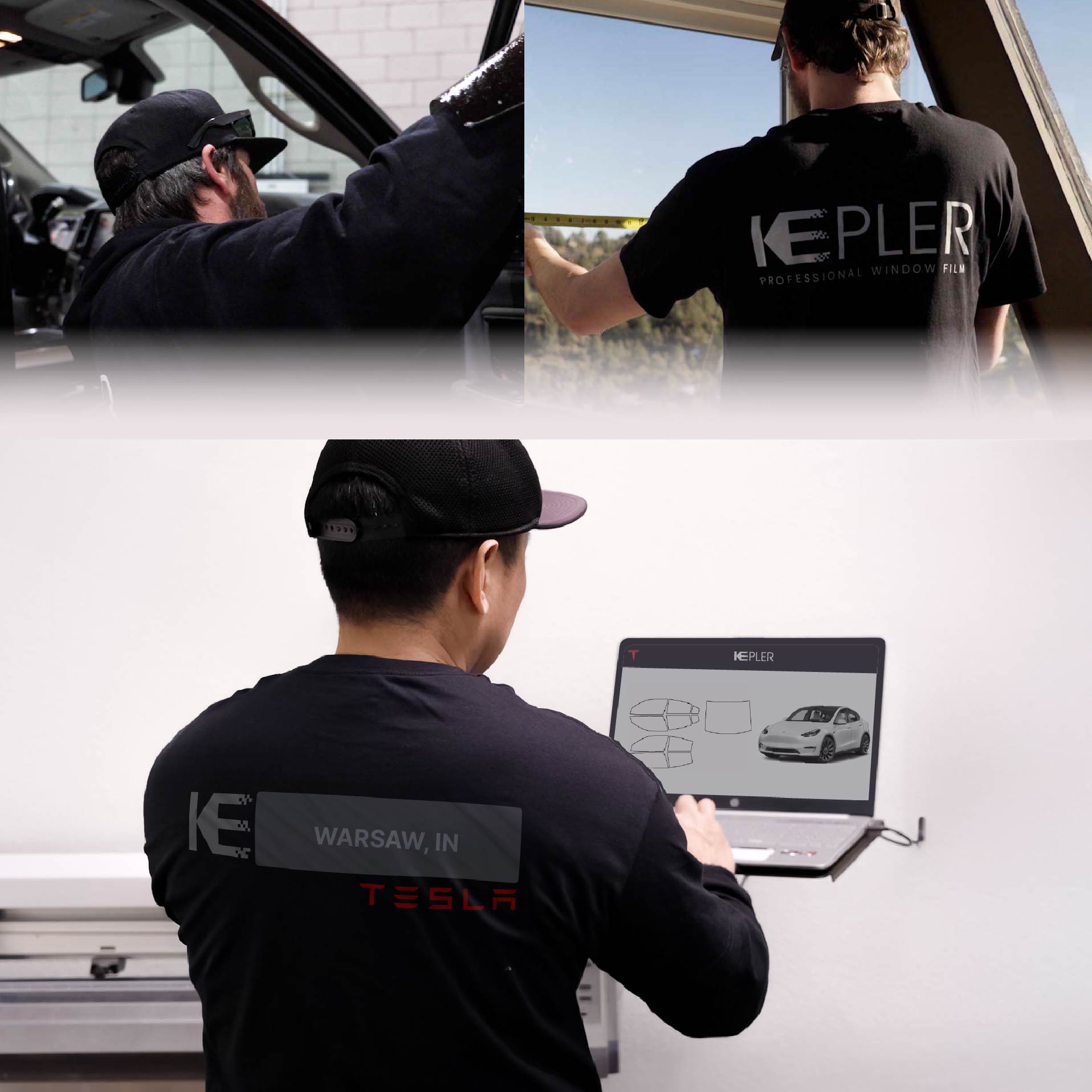 Expert Technician Fitting Advanced Window Tint to Tesla in Warsaw
