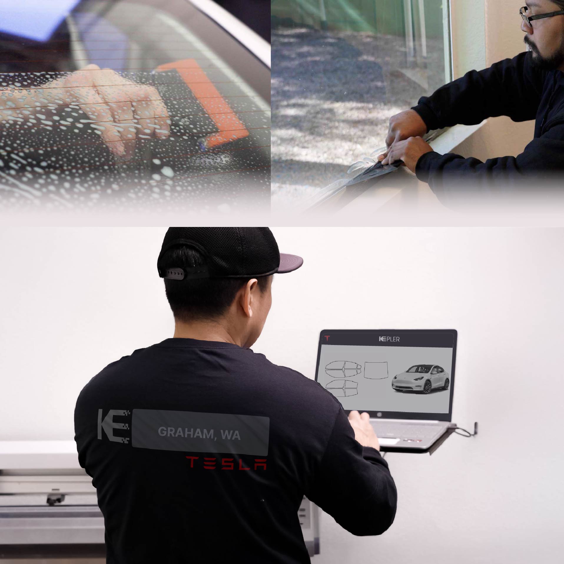 Kepler Technician Applying High-tech Window Tint to Tesla in Graham
