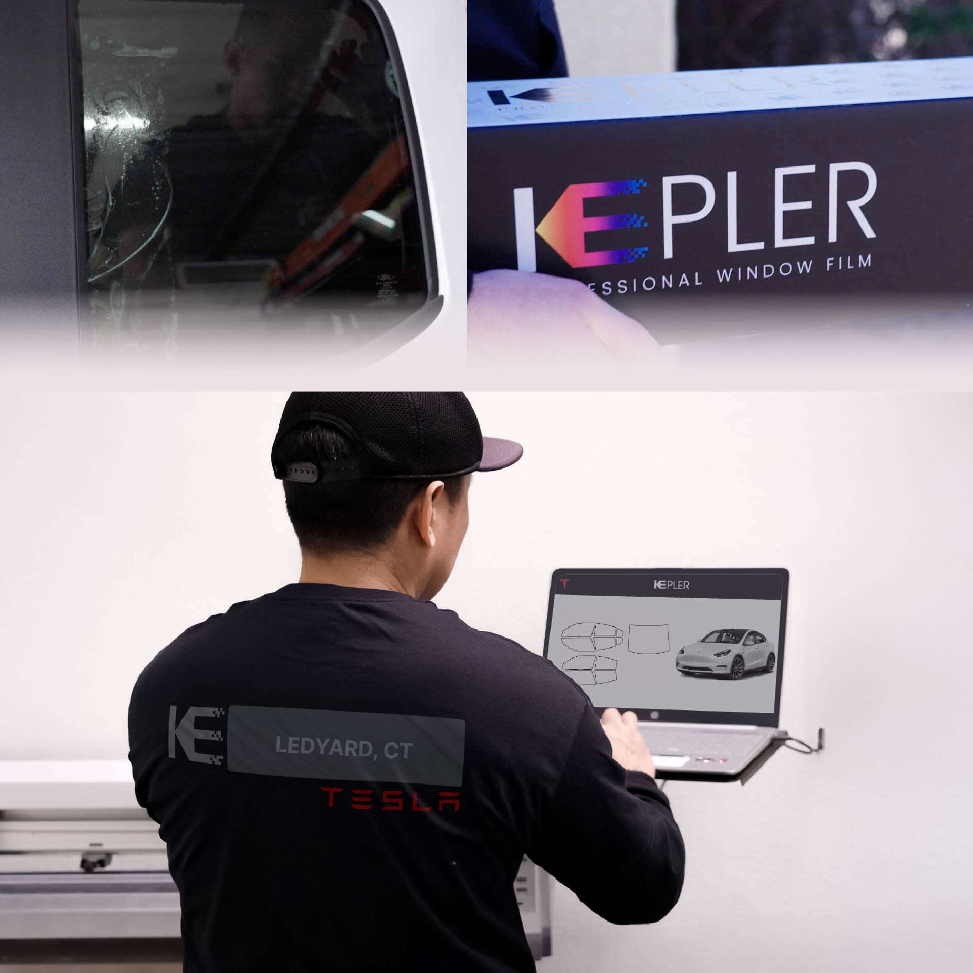 Kepler Technician Fitting Advanced Window Tint to Tesla in Ledyard