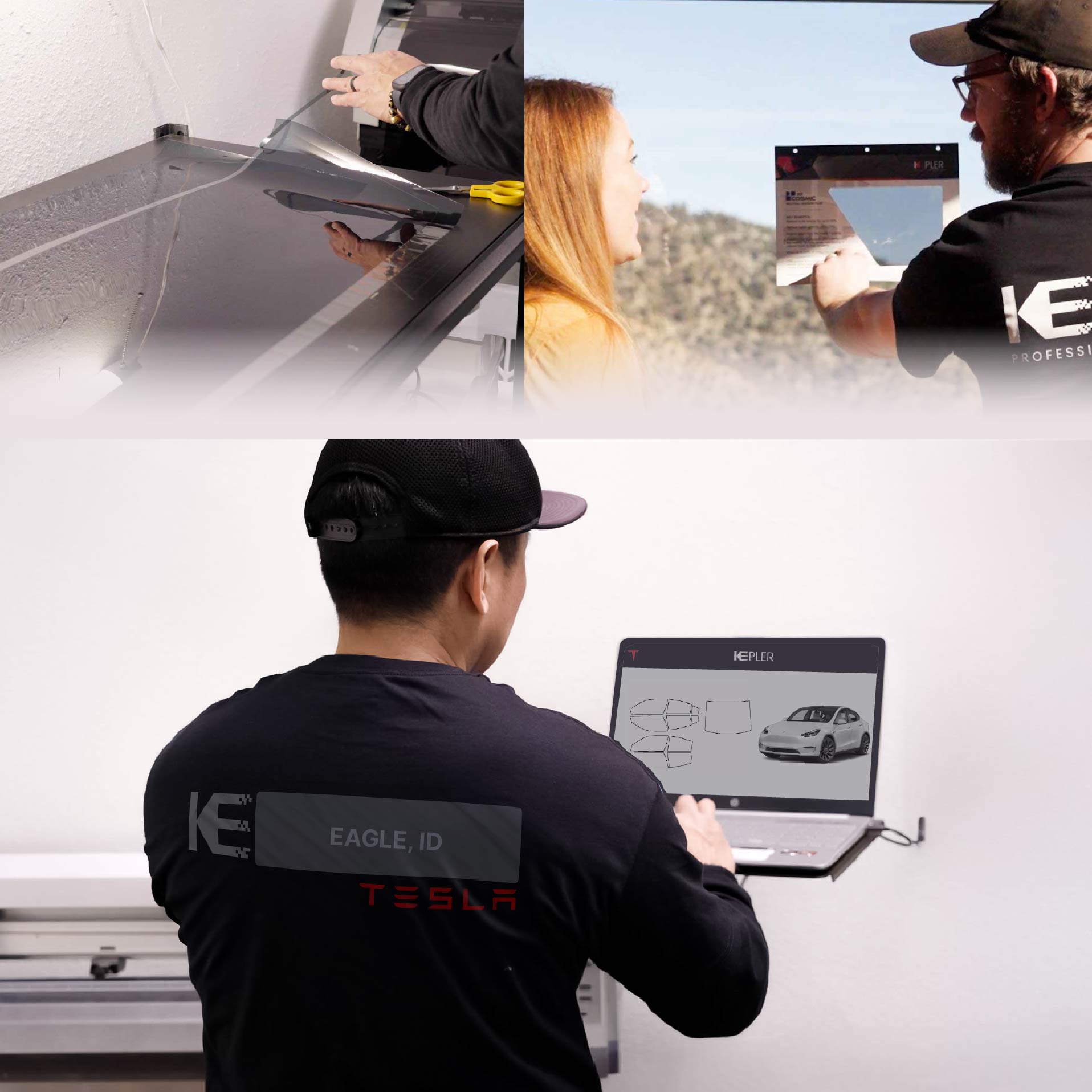 Expert Technician Applying Advanced Window Tint to Tesla in Eagle