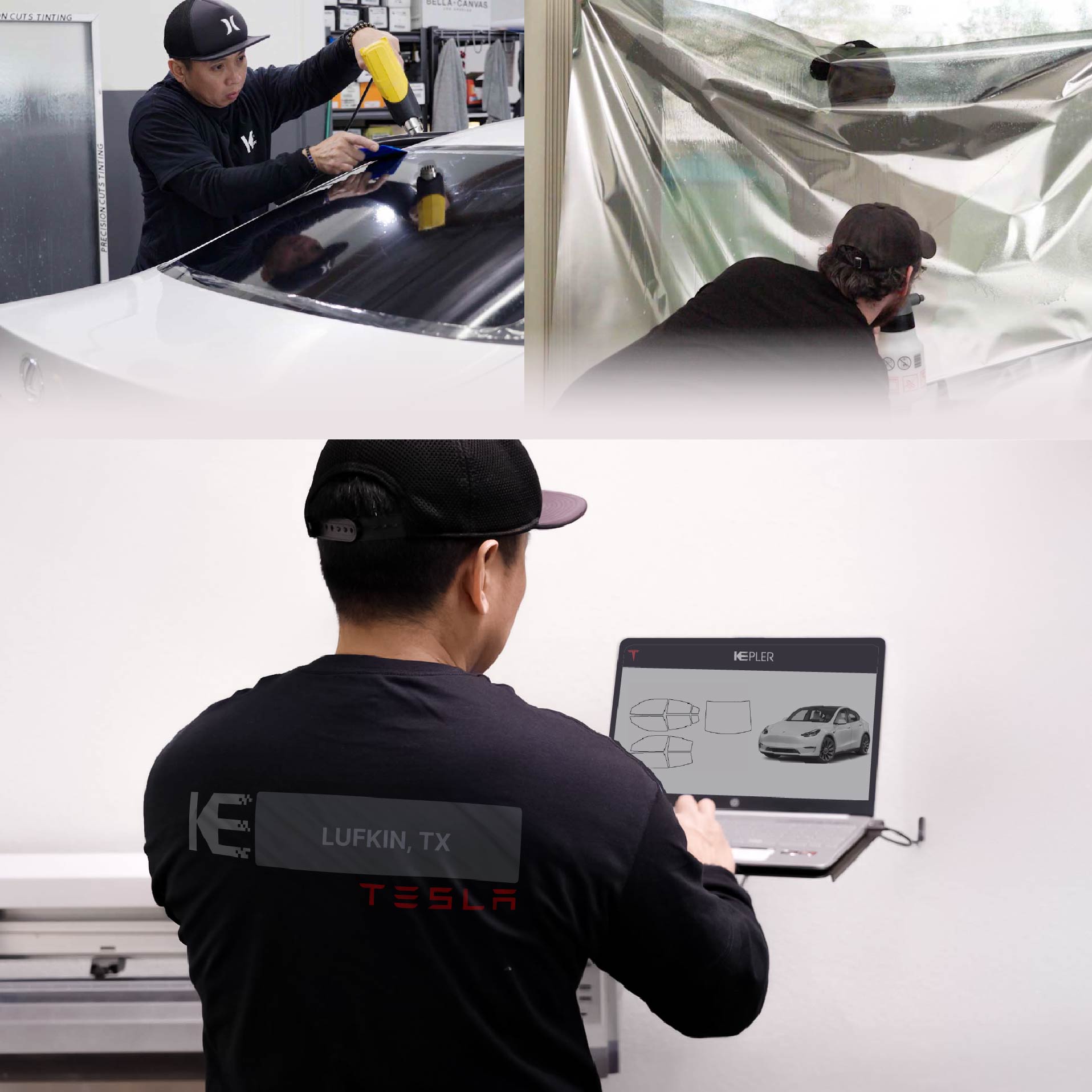 Kepler Technician Installing Ceramic Window Tint to Tesla in Lufkin