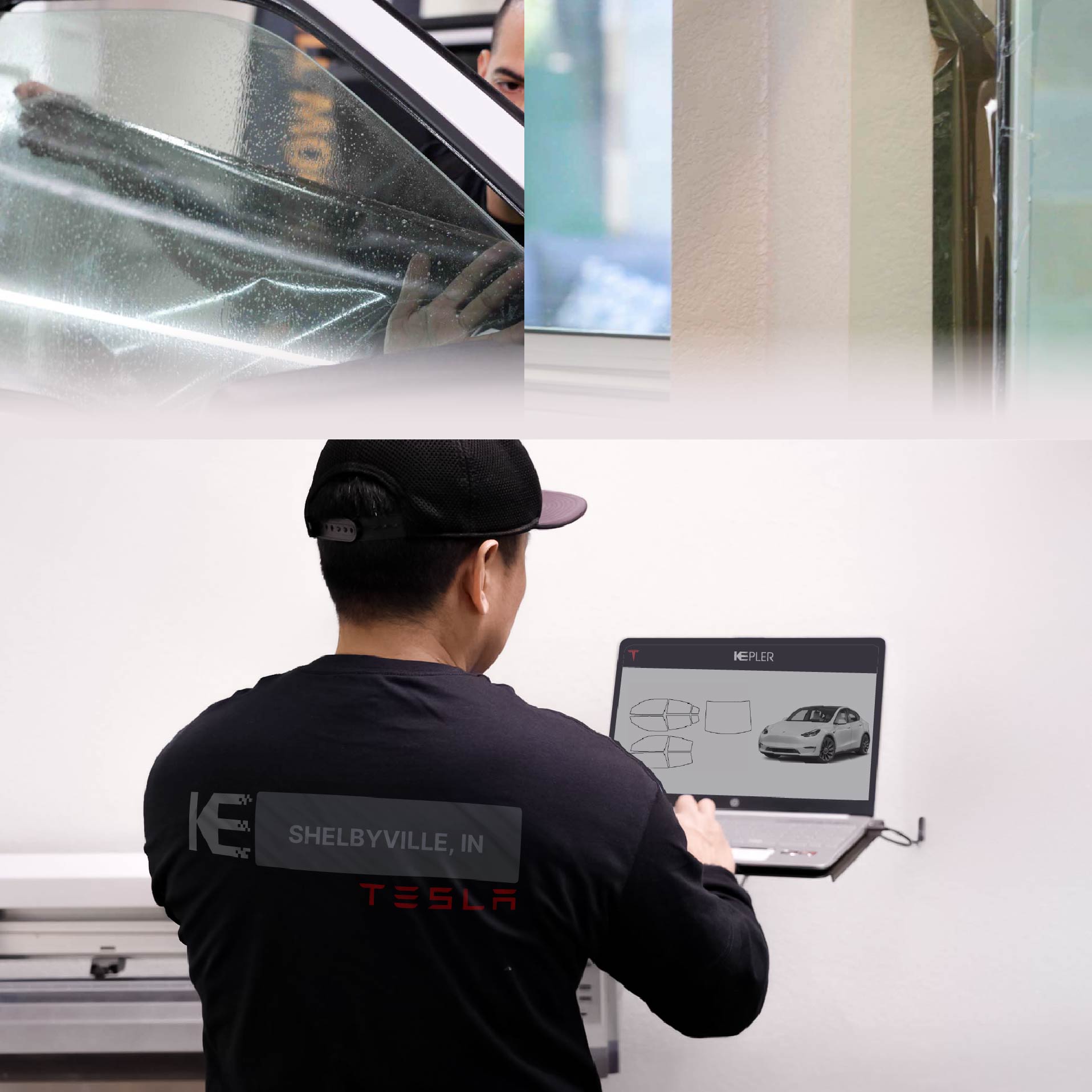 Expert Technician Applying Ceramic Window Tint to Tesla in Shelbyville