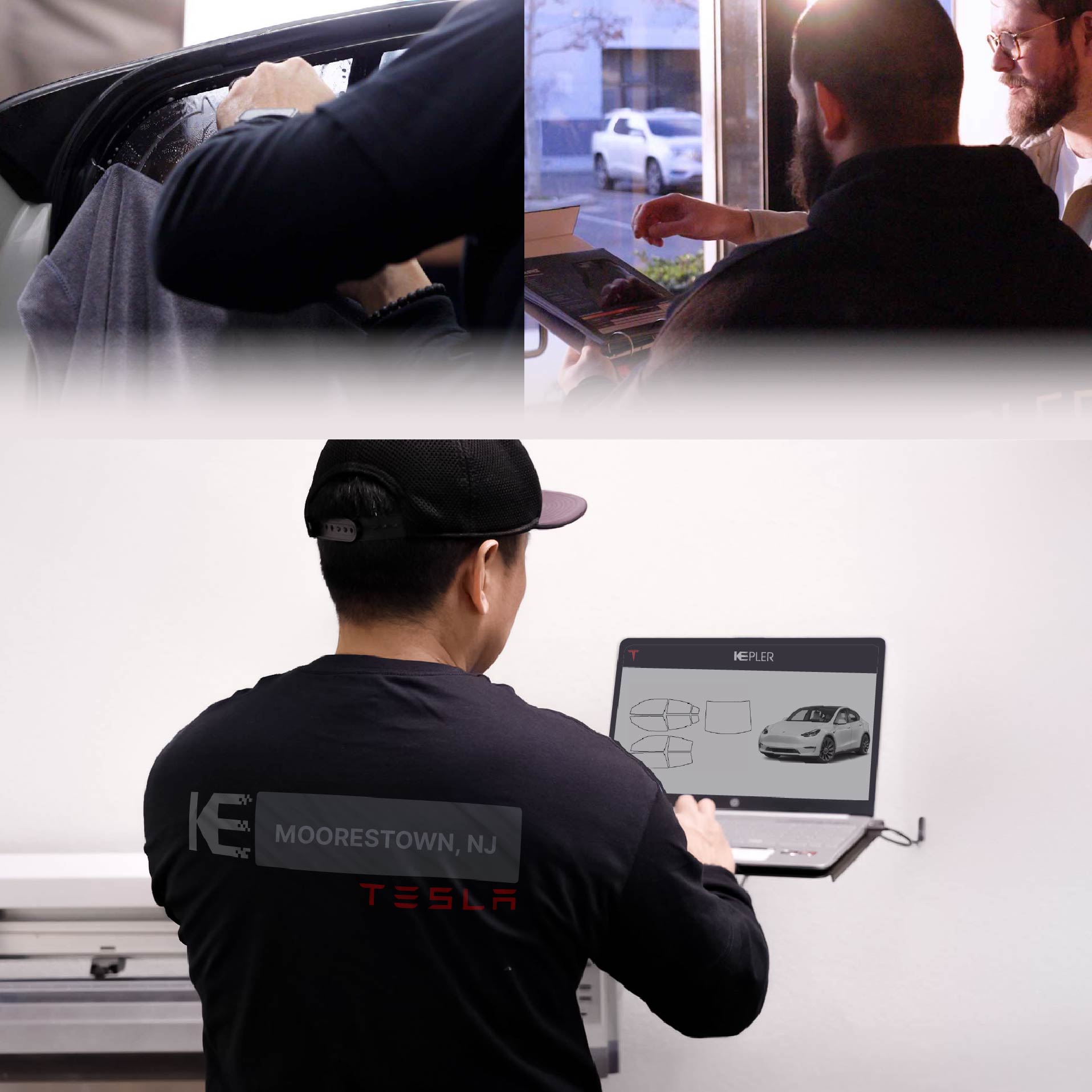 Expert Technician Installing Ceramic Window Tint to Tesla in Moorestown