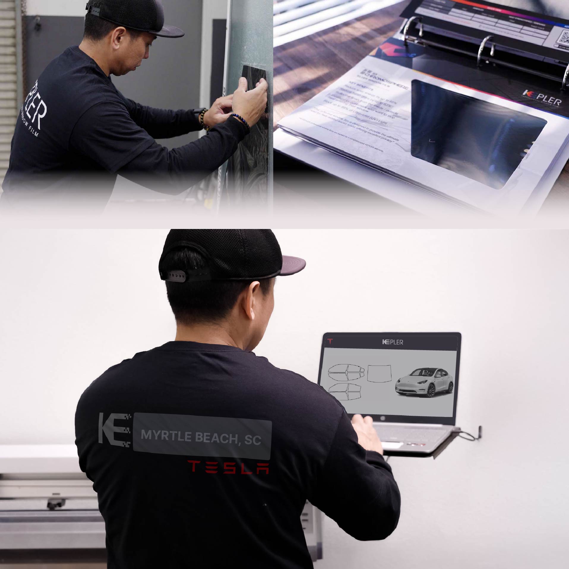 Kepler Technician Applying Ceramic Window Tint to Tesla in Myrtle Beach
