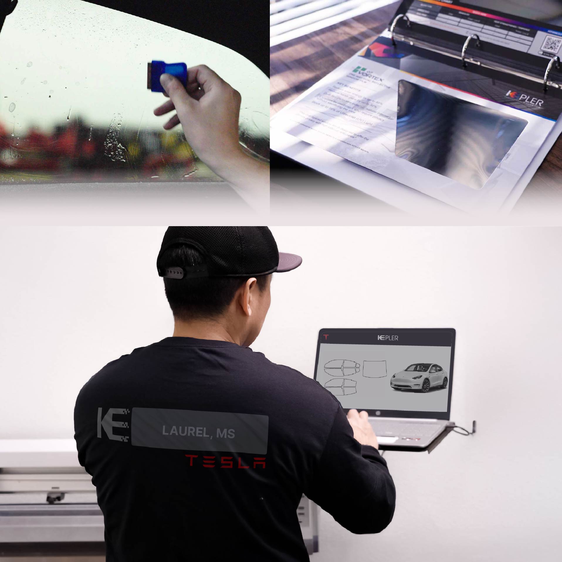 Expert Technician Installing Advanced Window Tint to Tesla in Laurel