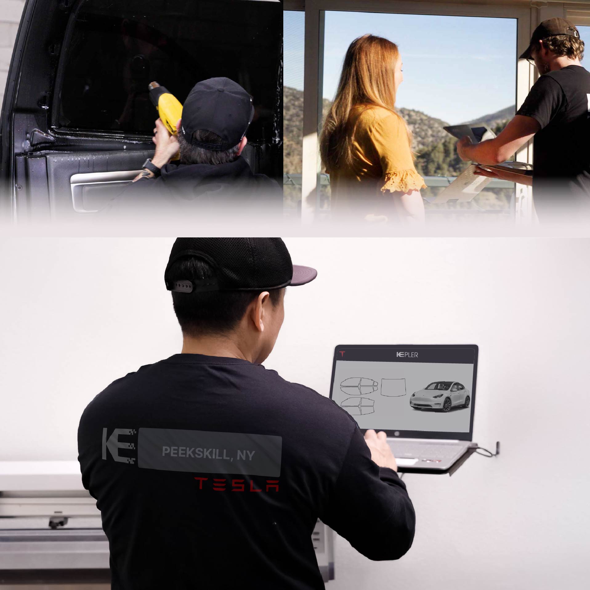 Expert Technician Applying Advanced Window Tint to Tesla in Peekskill