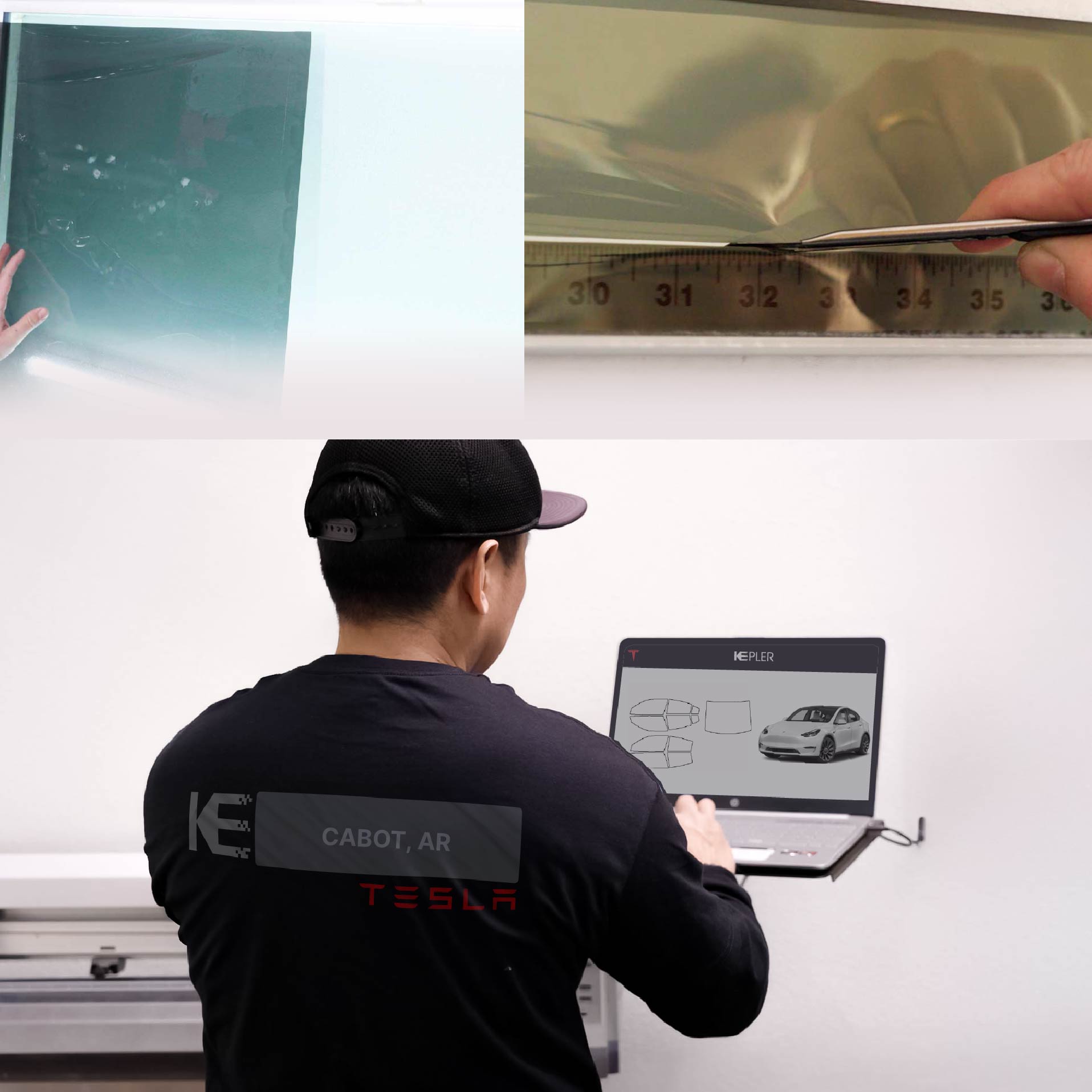 Kepler Technician Applying High-tech Window Tint to Tesla in Cabot