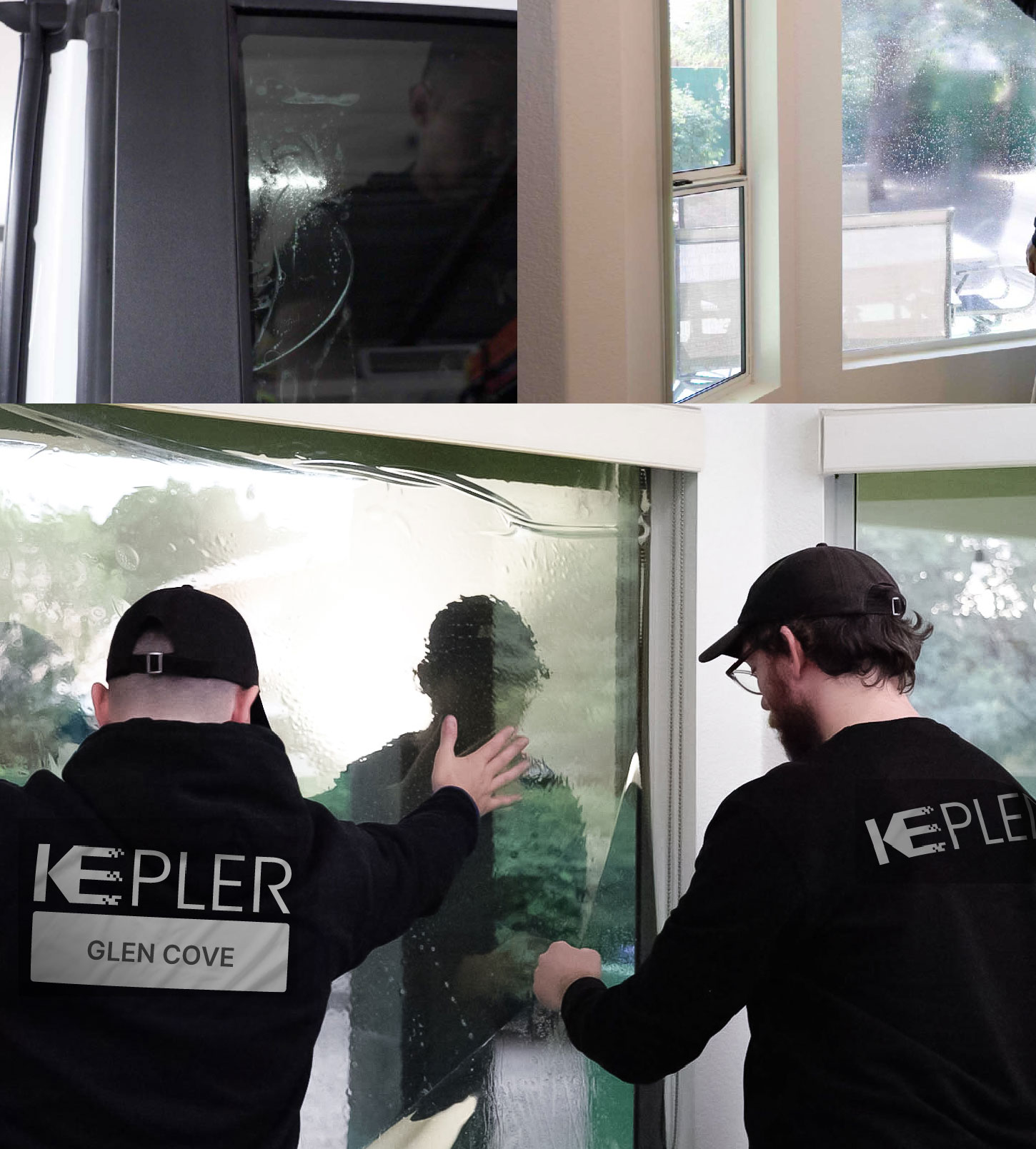 Kepler Technician Applying Ceramic Window Tint to Home in Glen Cove