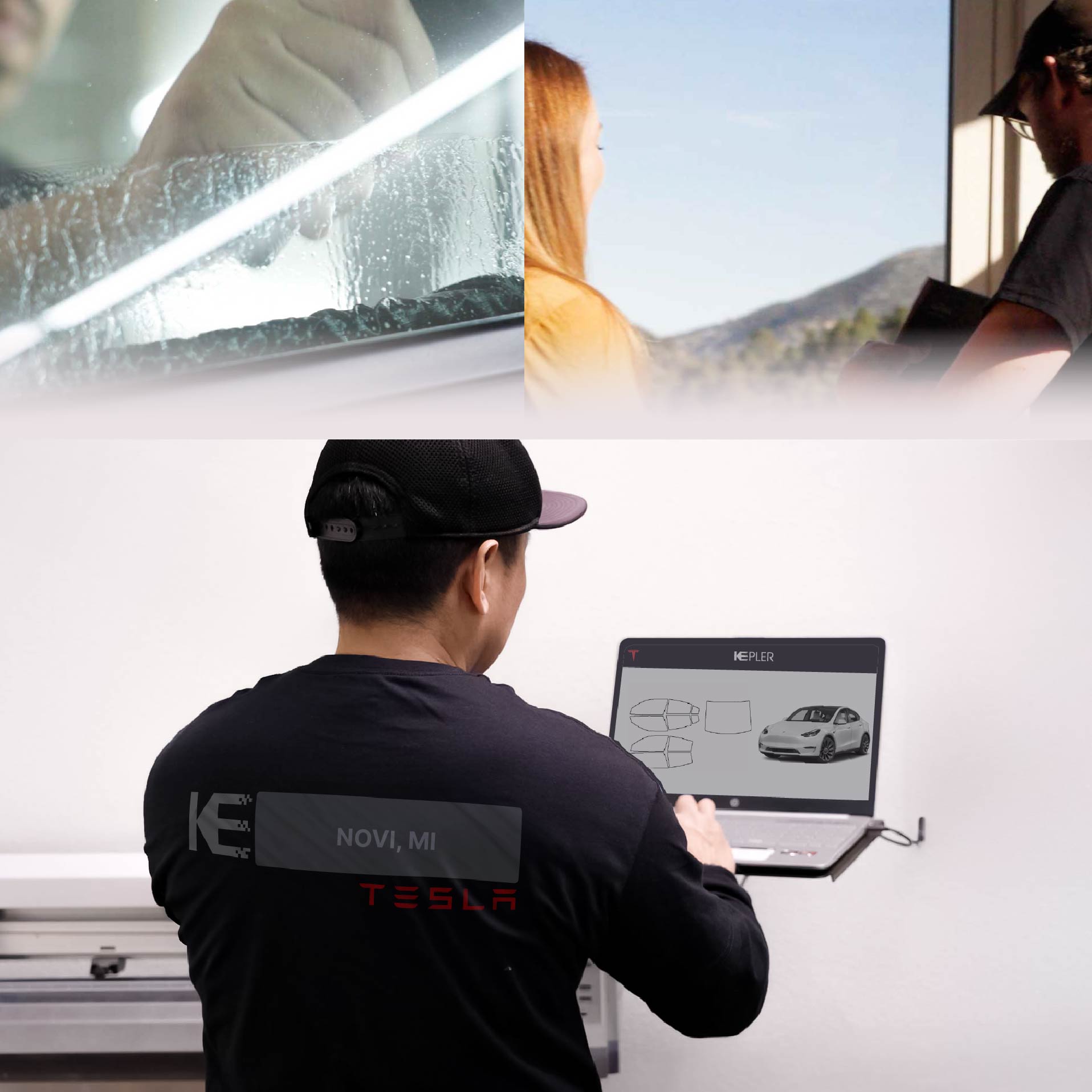 Kepler Technician Installing Ceramic Window Tint to Tesla in Novi