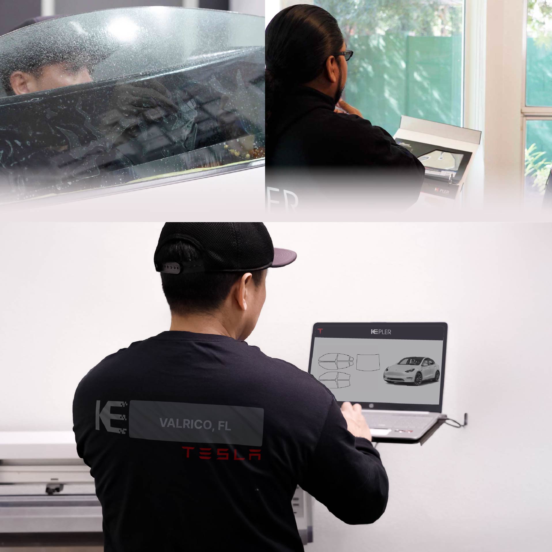 Kepler Technician Installing Ceramic Window Tint to Tesla in Valrico