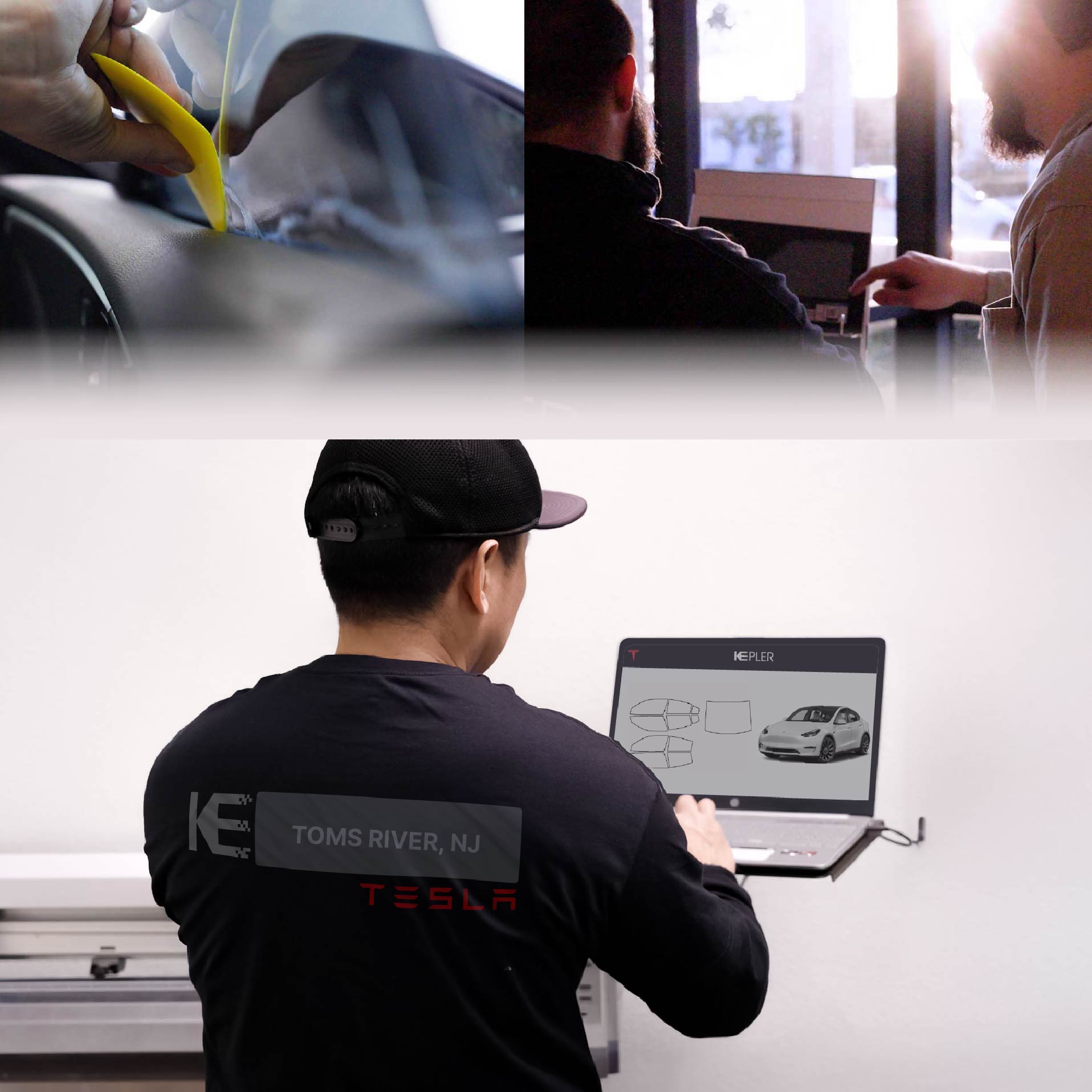 Expert Technician Applying Ceramic Window Tint to Tesla in Toms River
