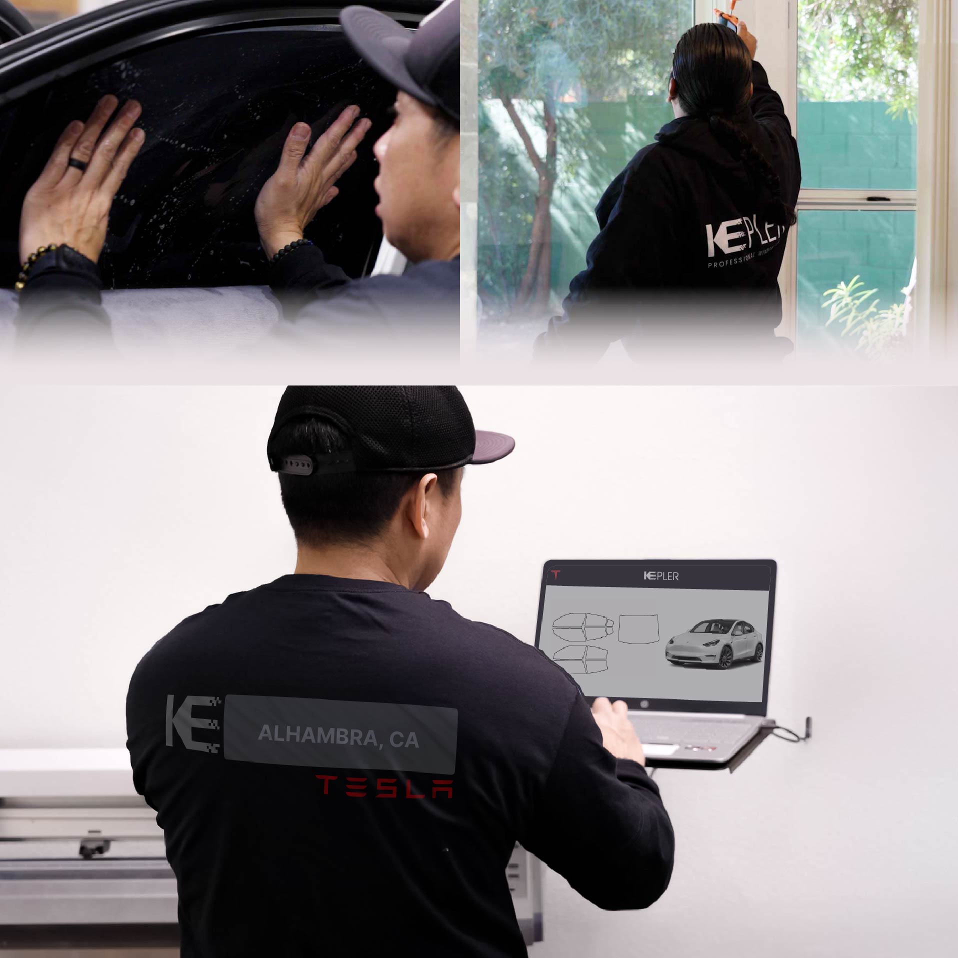 Kepler Technician Applying High-tech Window Tint to Tesla in Alhambra