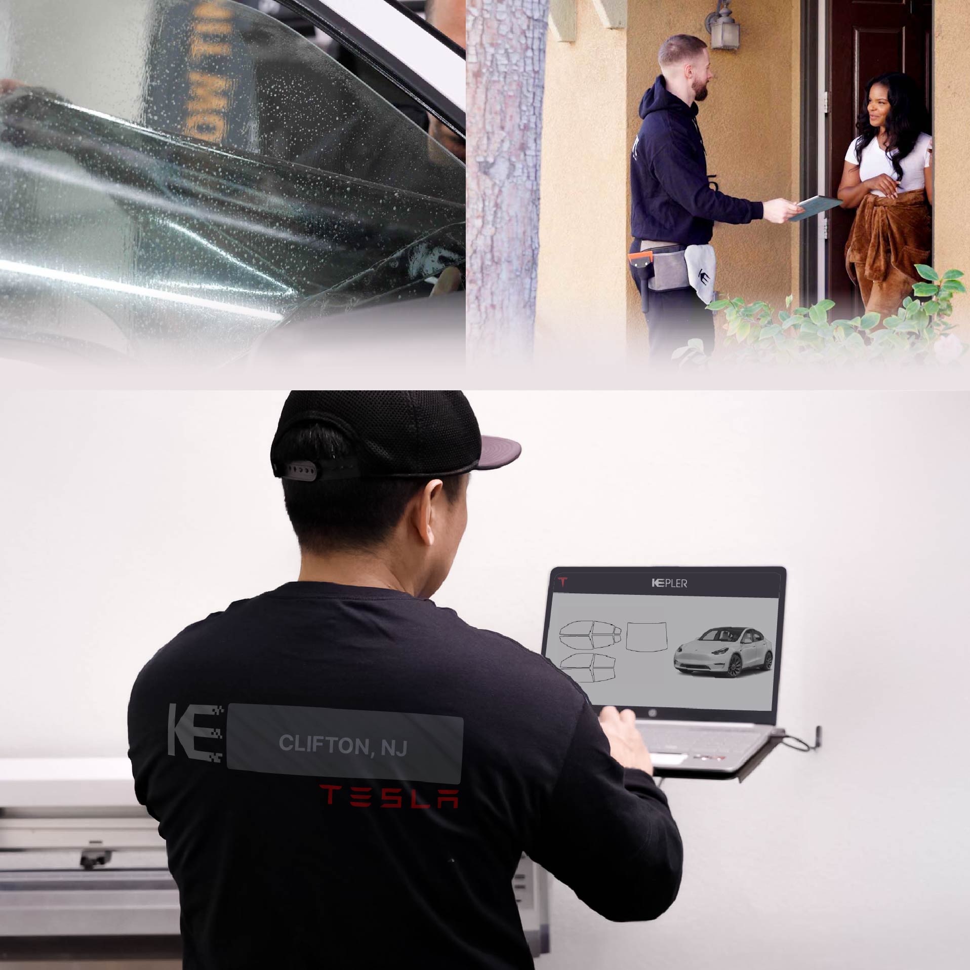 Expert Technician Applying High-tech Window Tint to Tesla in Clifton