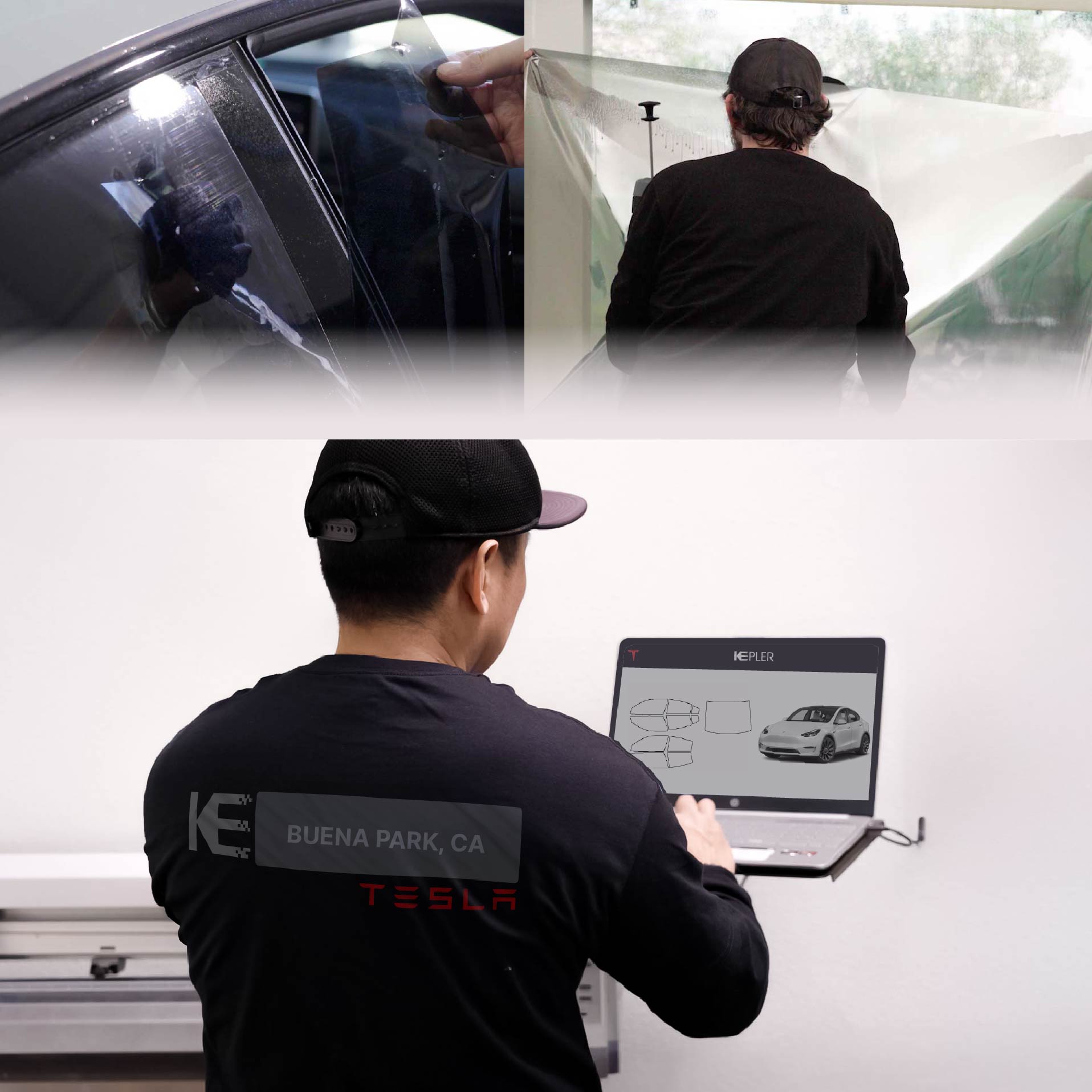 Expert Technician Installing High-tech Window Tint to Tesla in Buena Park