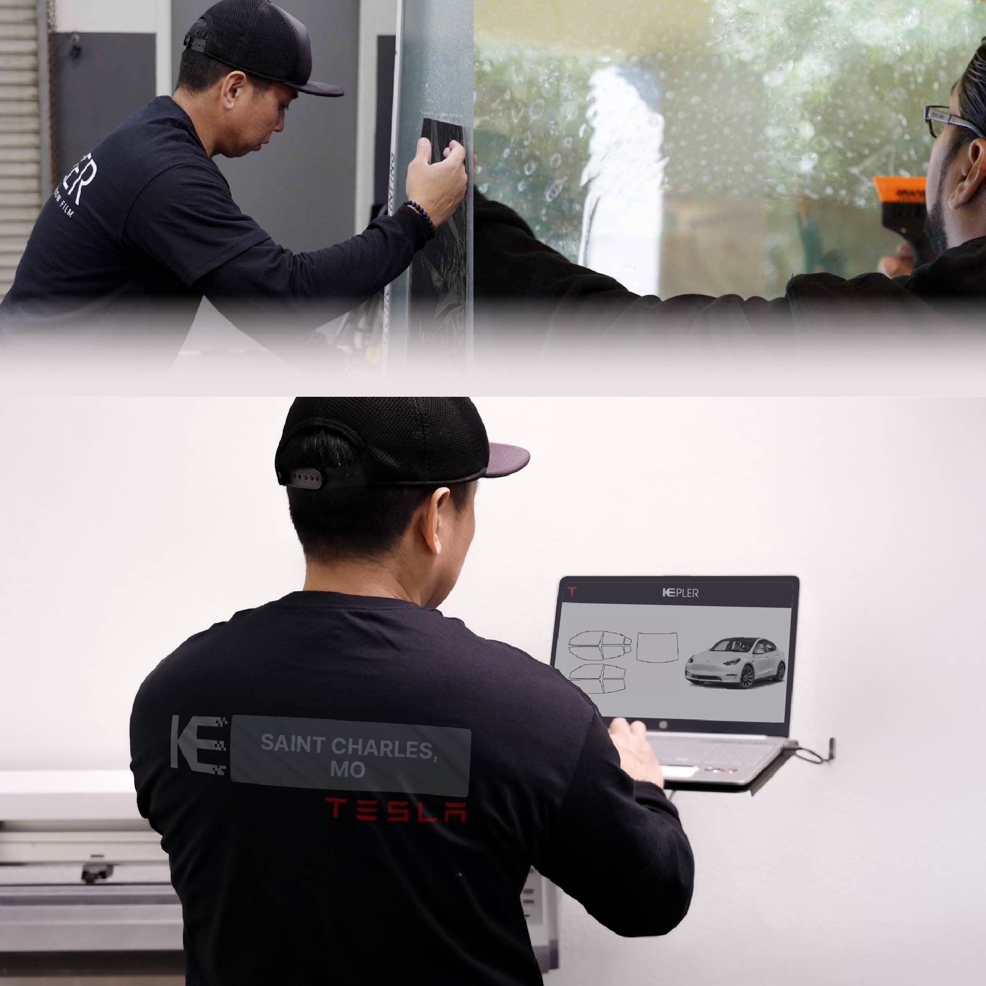 Expert Technician Applying Ceramic Window Tint to Tesla in Saint Charles