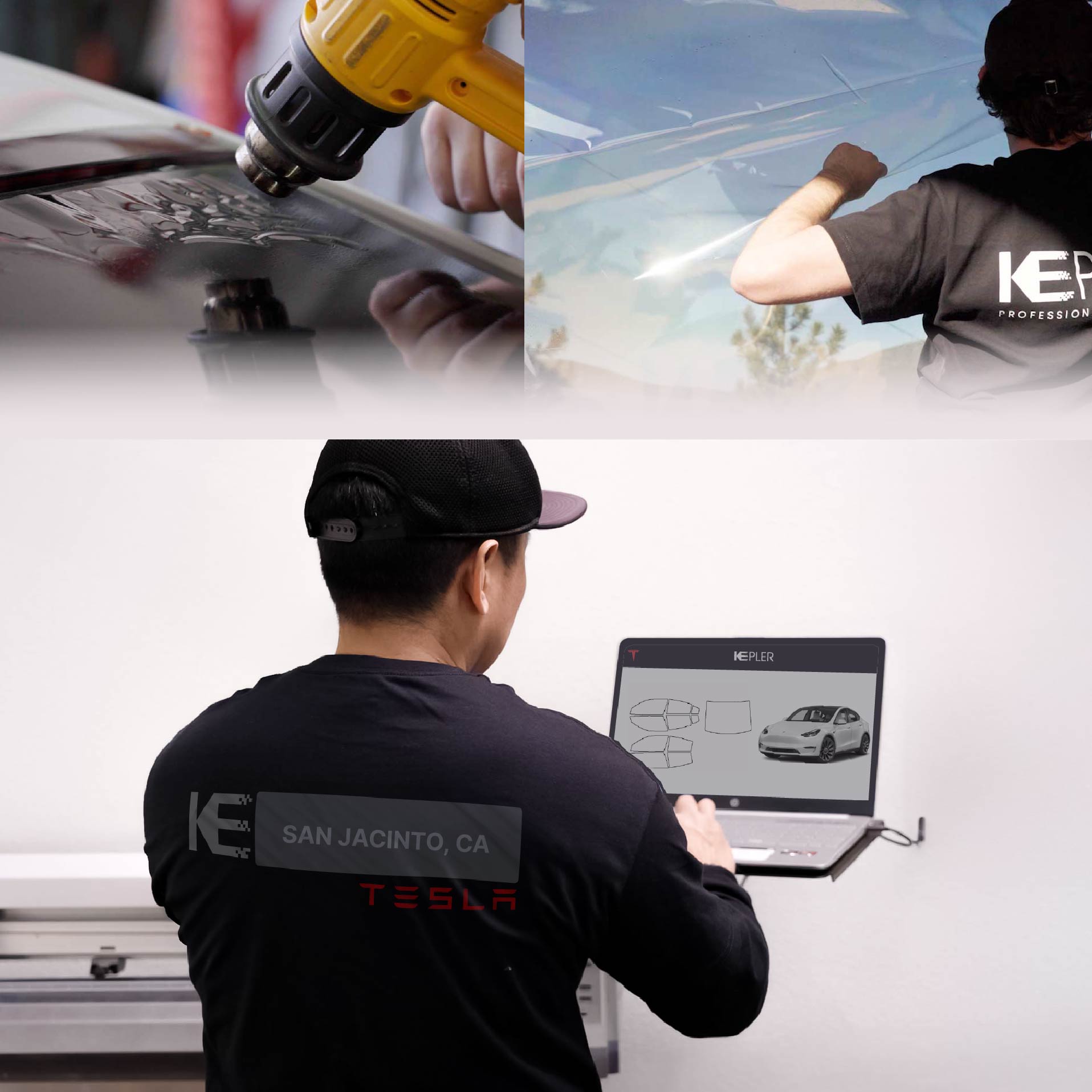 Expert Technician Applying Ceramic Window Tint to Tesla in San Jacinto