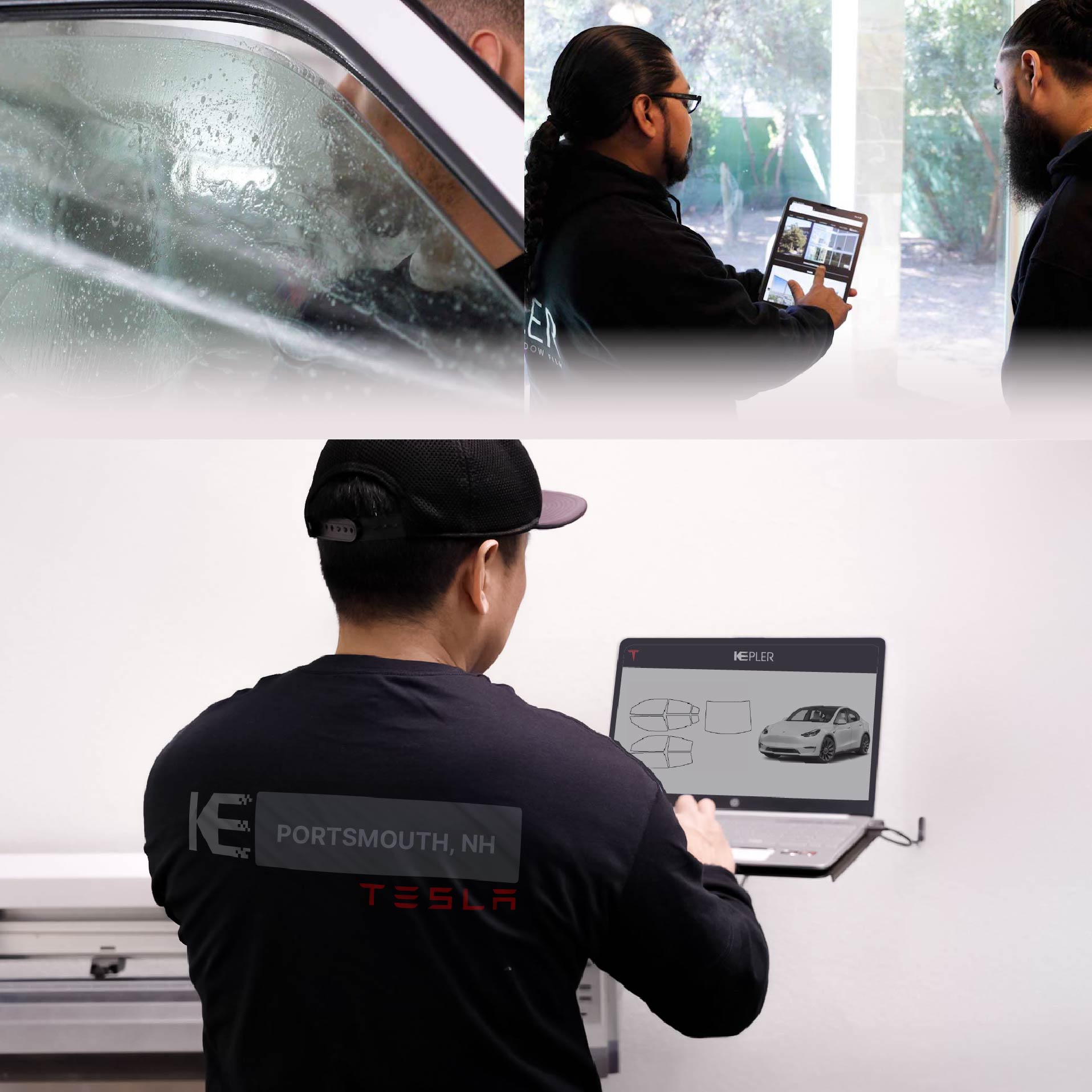 Kepler Technician Applying Ceramic Window Tint to Tesla in Portsmouth