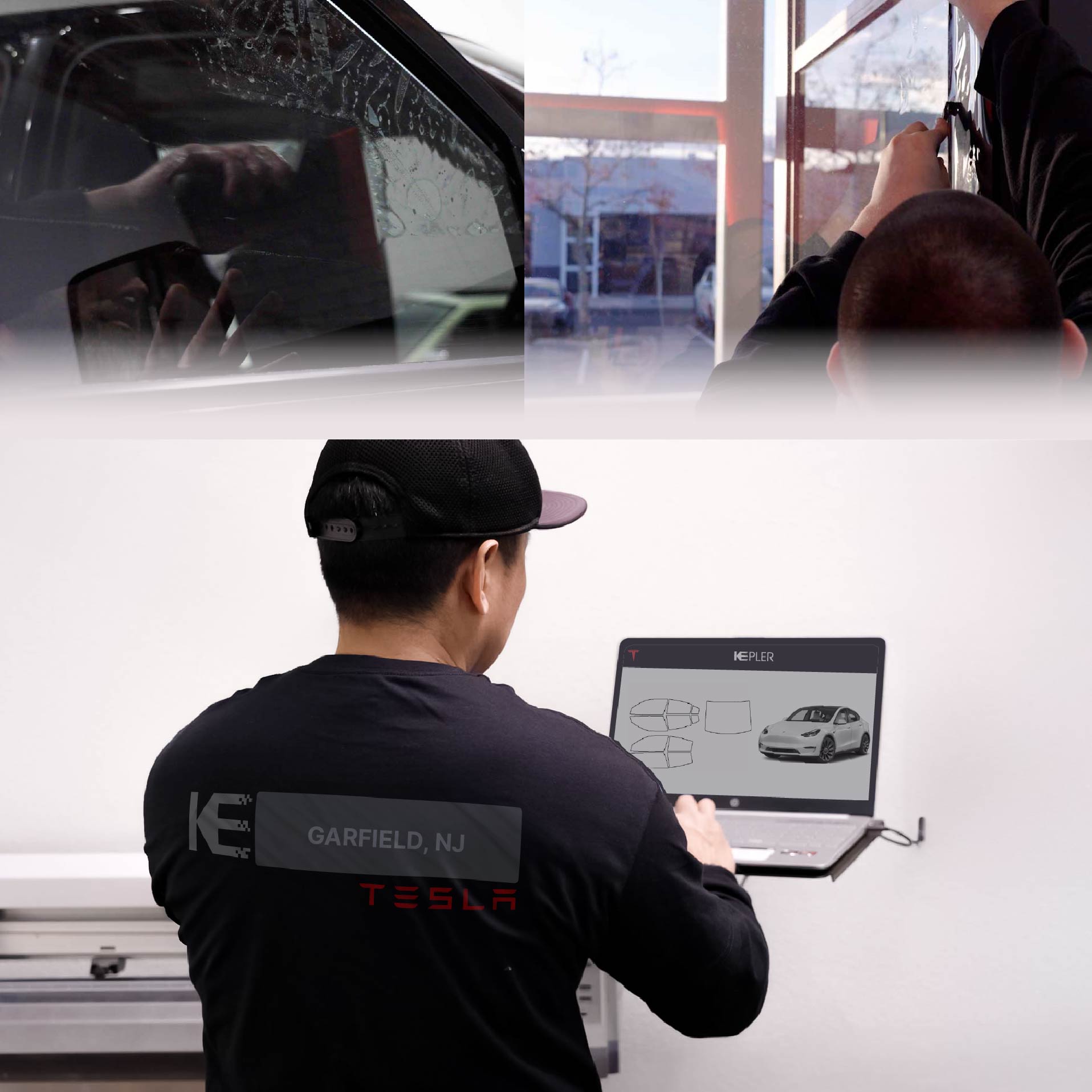 Expert Technician Fitting Advanced Window Tint to Tesla in Garfield