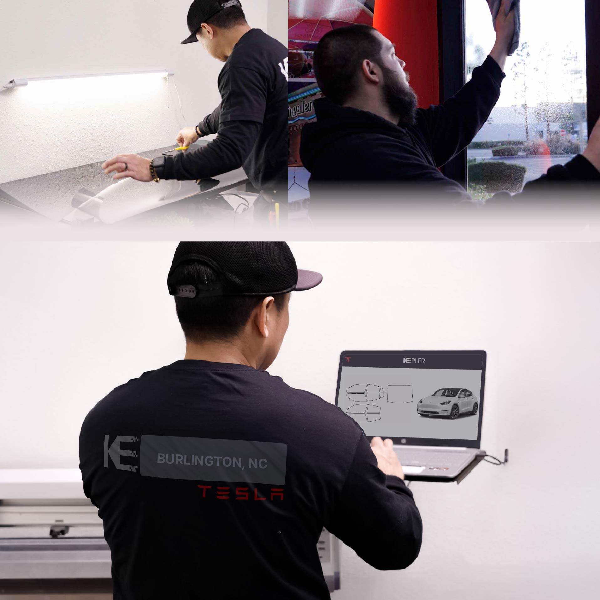 Expert Technician Installing Ceramic Window Tint to Tesla in Burlington