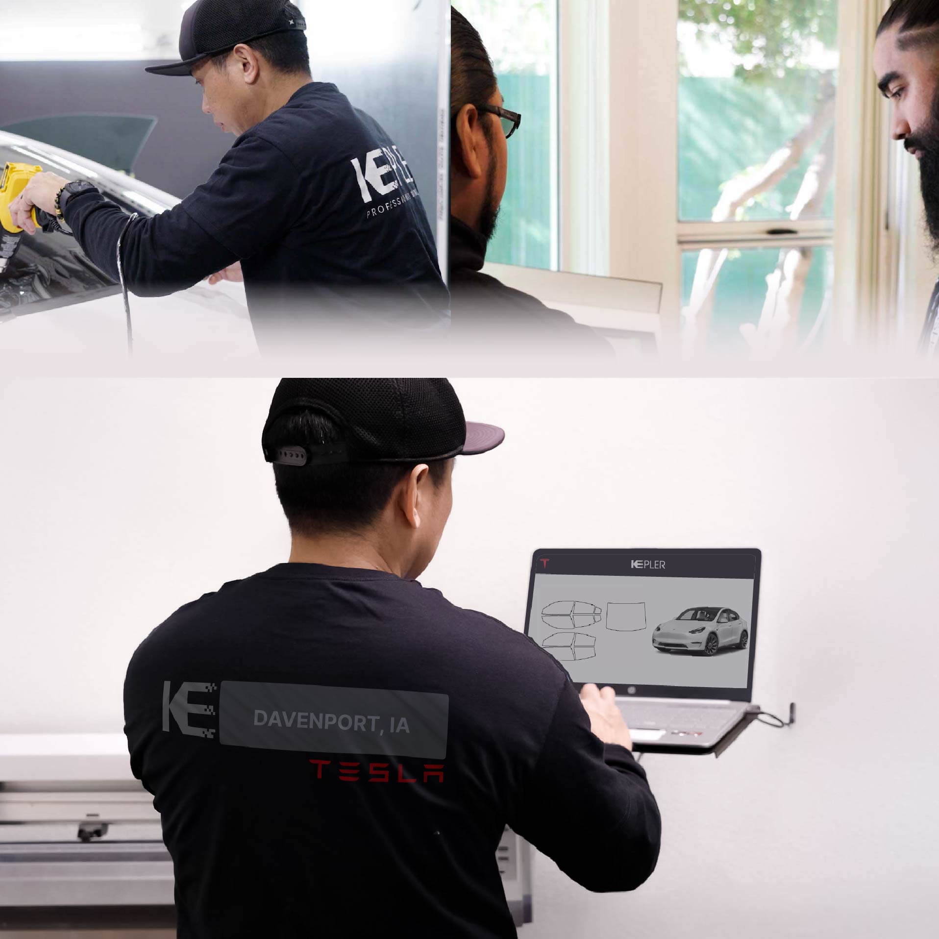 Expert Technician Installing Ceramic Window Tint to Tesla in Davenport
