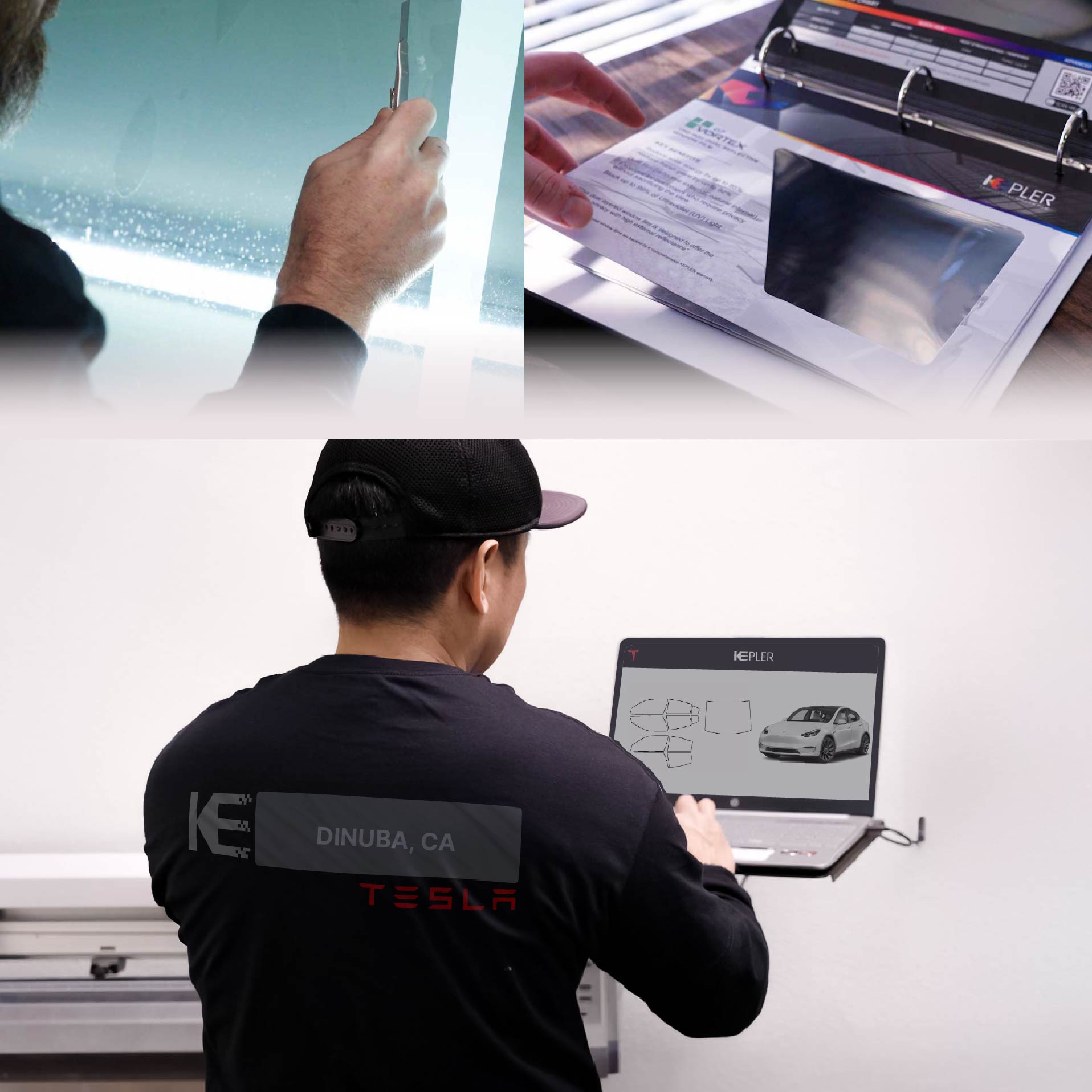 Kepler Technician Fitting Ceramic Window Tint to Tesla in Dinuba