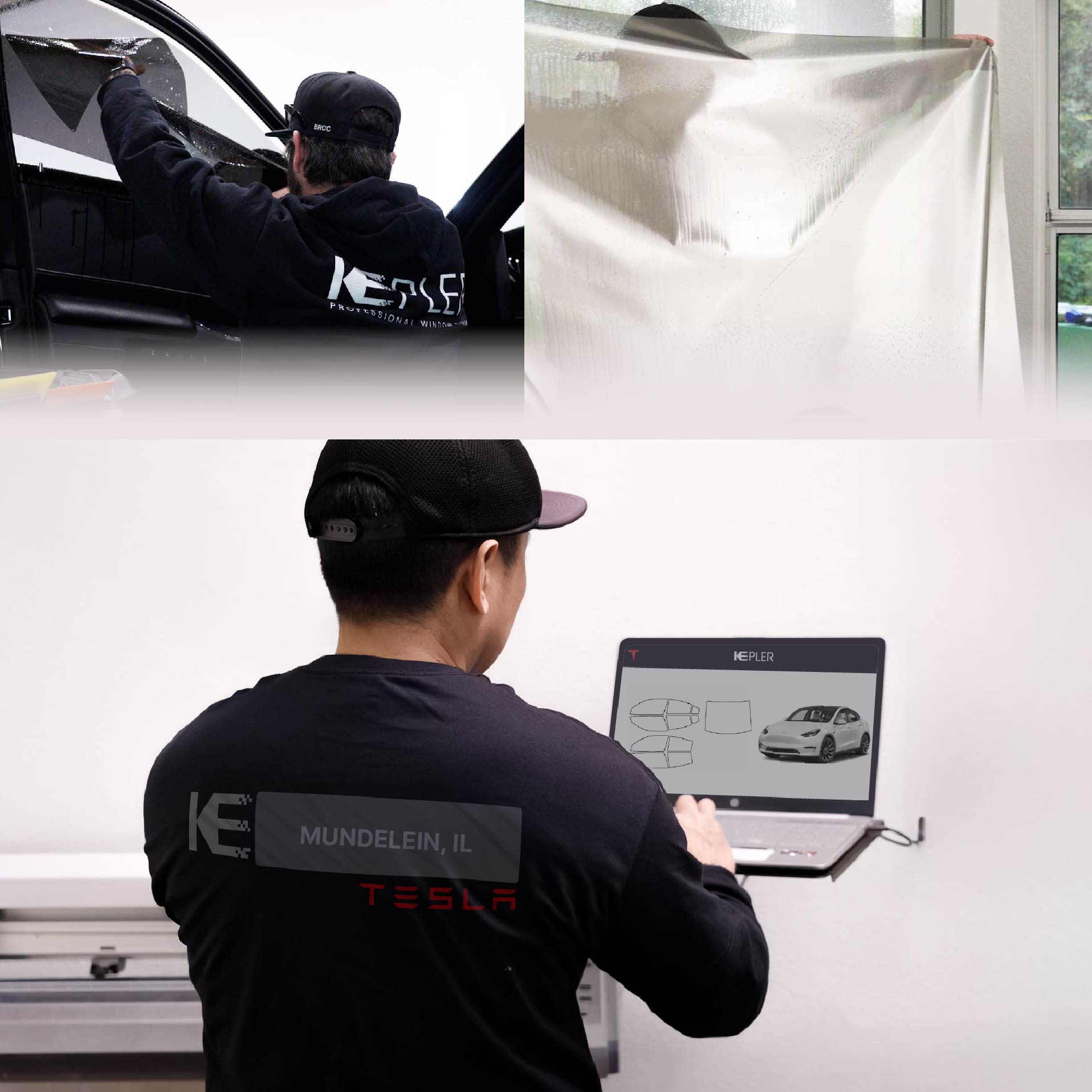 Expert Technician Installing Ceramic Window Tint to Tesla in Mundelein
