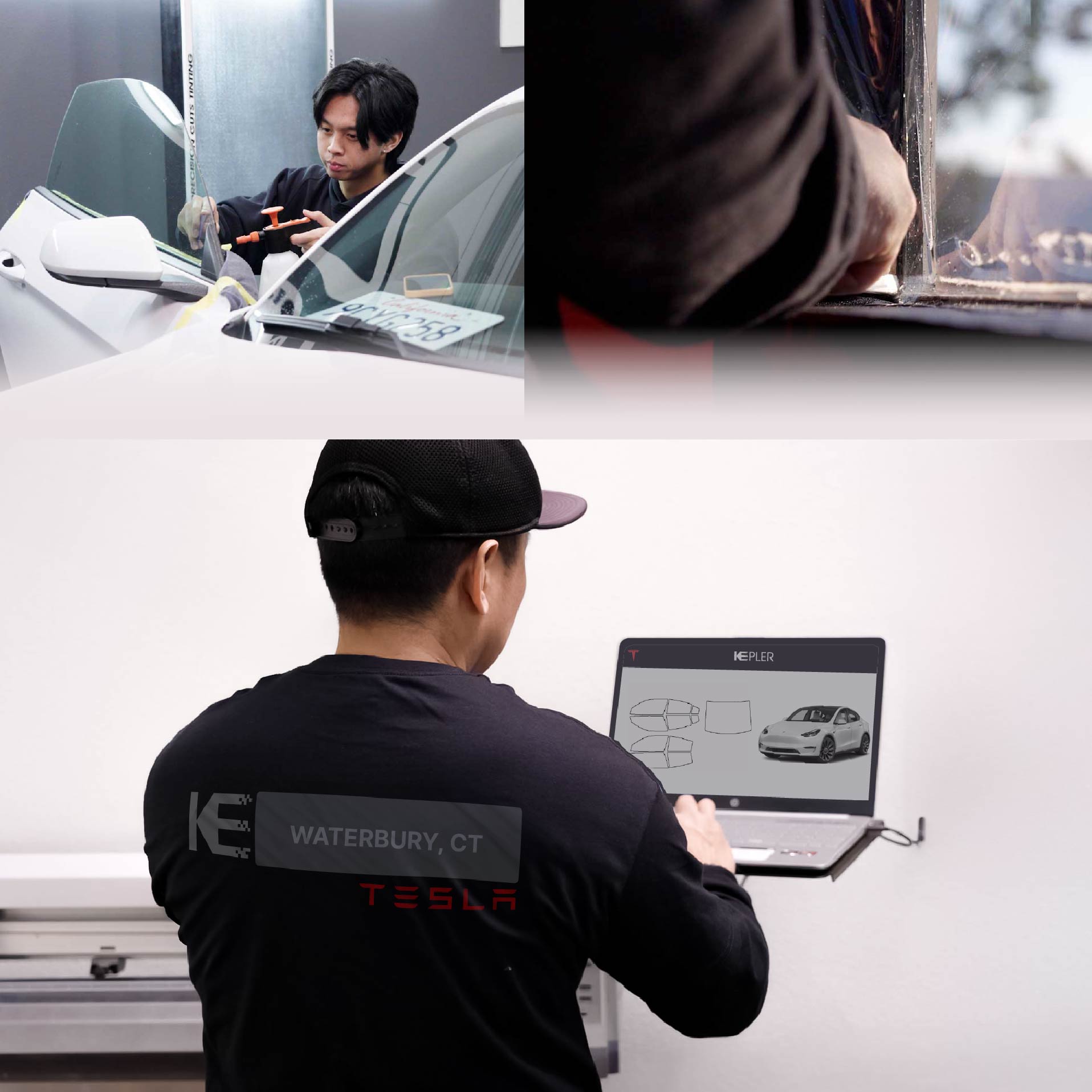 Expert Technician Fitting Advanced Window Tint to Tesla in Waterbury