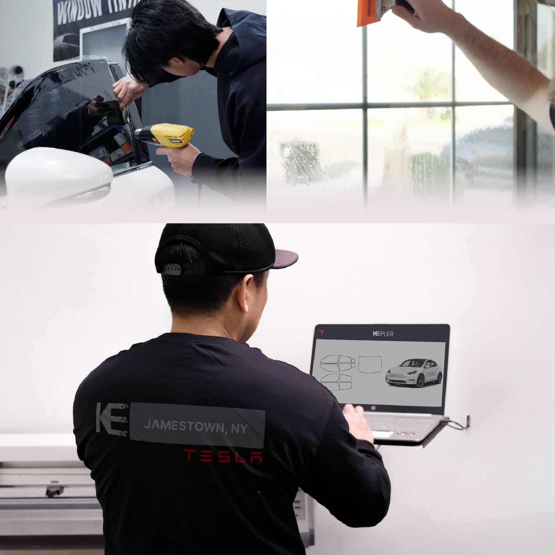 Kepler Technician Installing Advanced Window Tint to Tesla in Jamestown