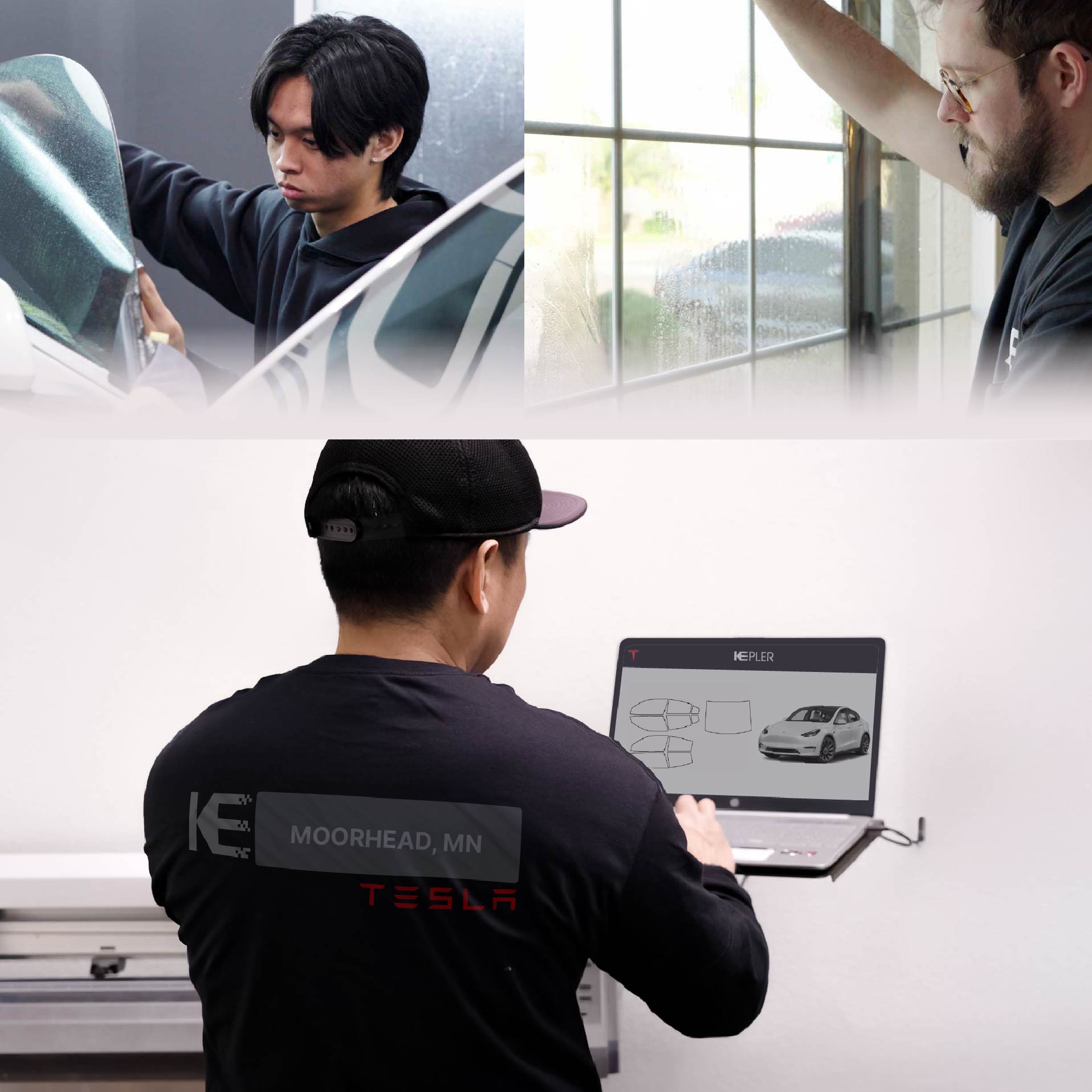 Expert Technician Applying Advanced Window Tint to Tesla in Moorhead