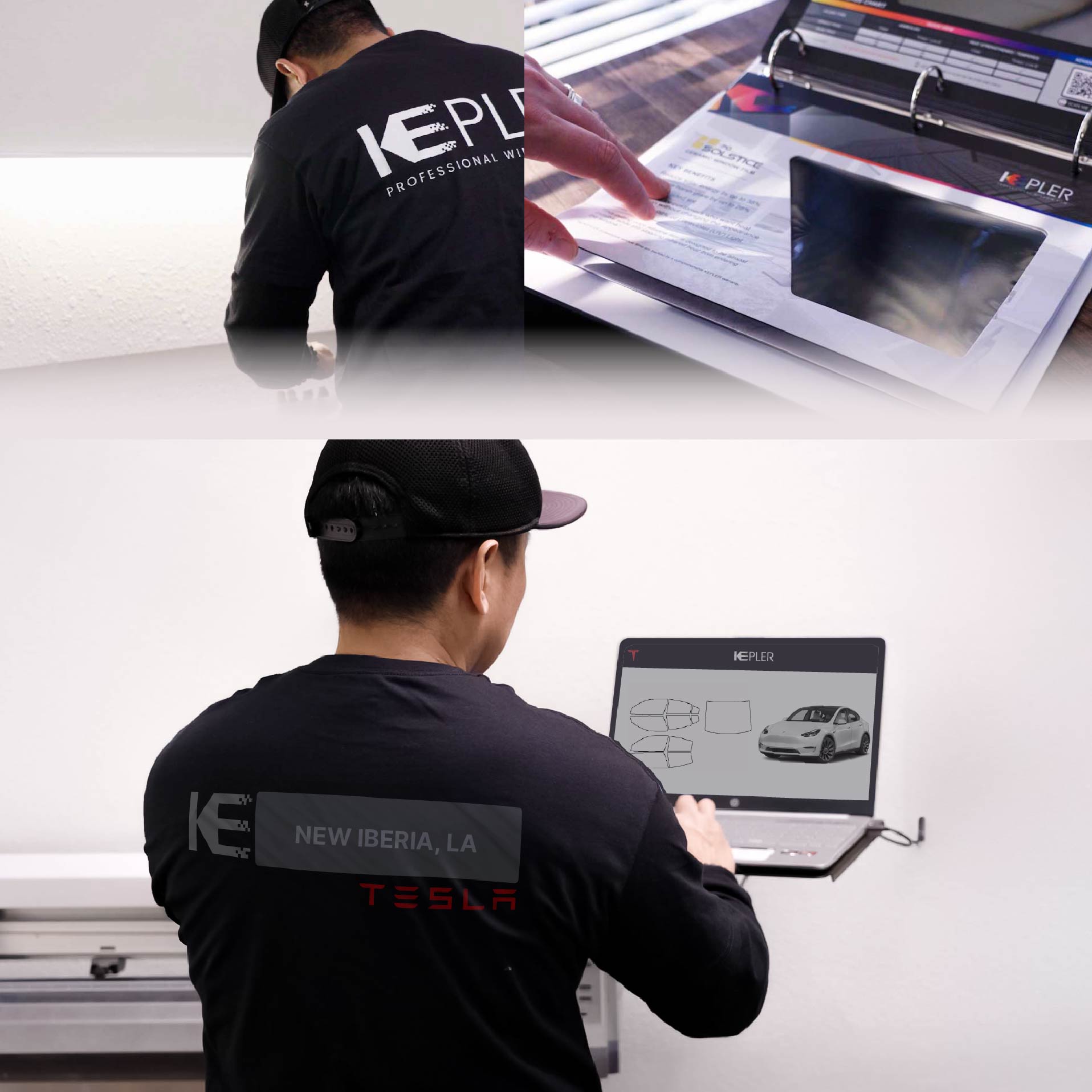 Kepler Technician Installing Ceramic Window Tint to Tesla in New Iberia
