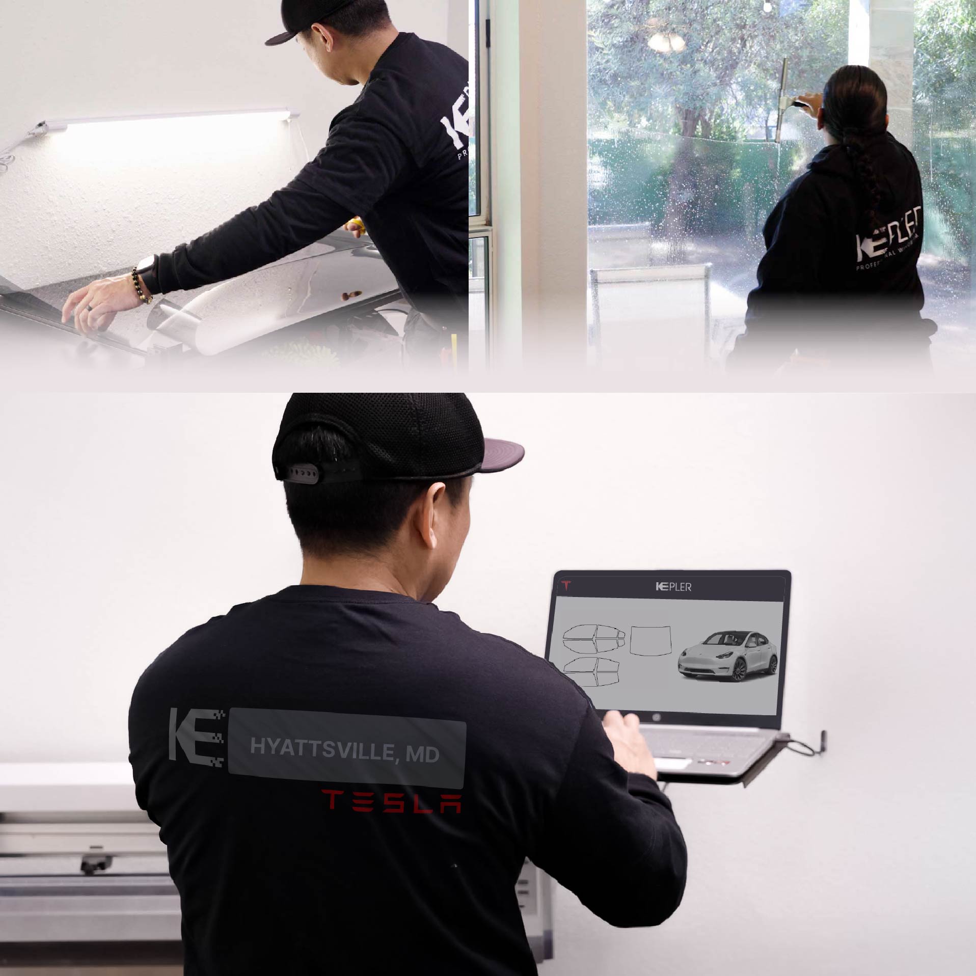 Expert Technician Fitting Ceramic Window Tint to Tesla in Hyattsville
