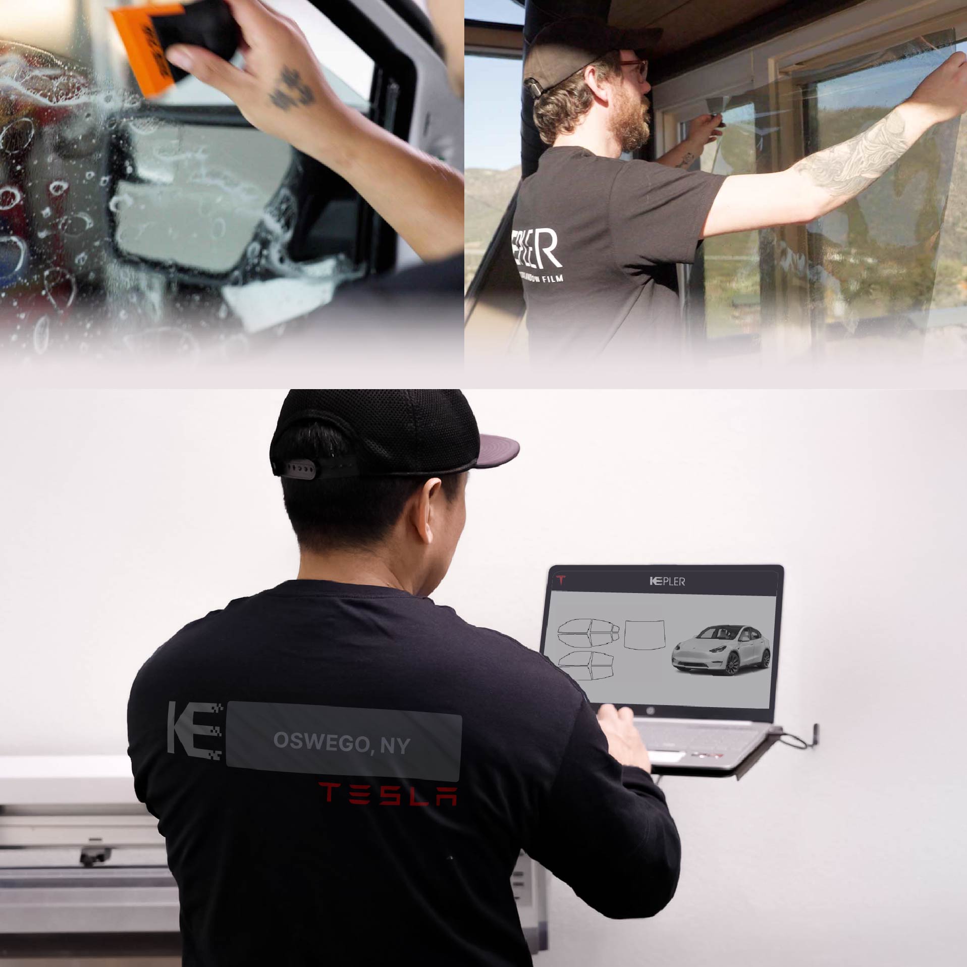 Expert Technician Fitting Ceramic Window Tint to Tesla in Oswego