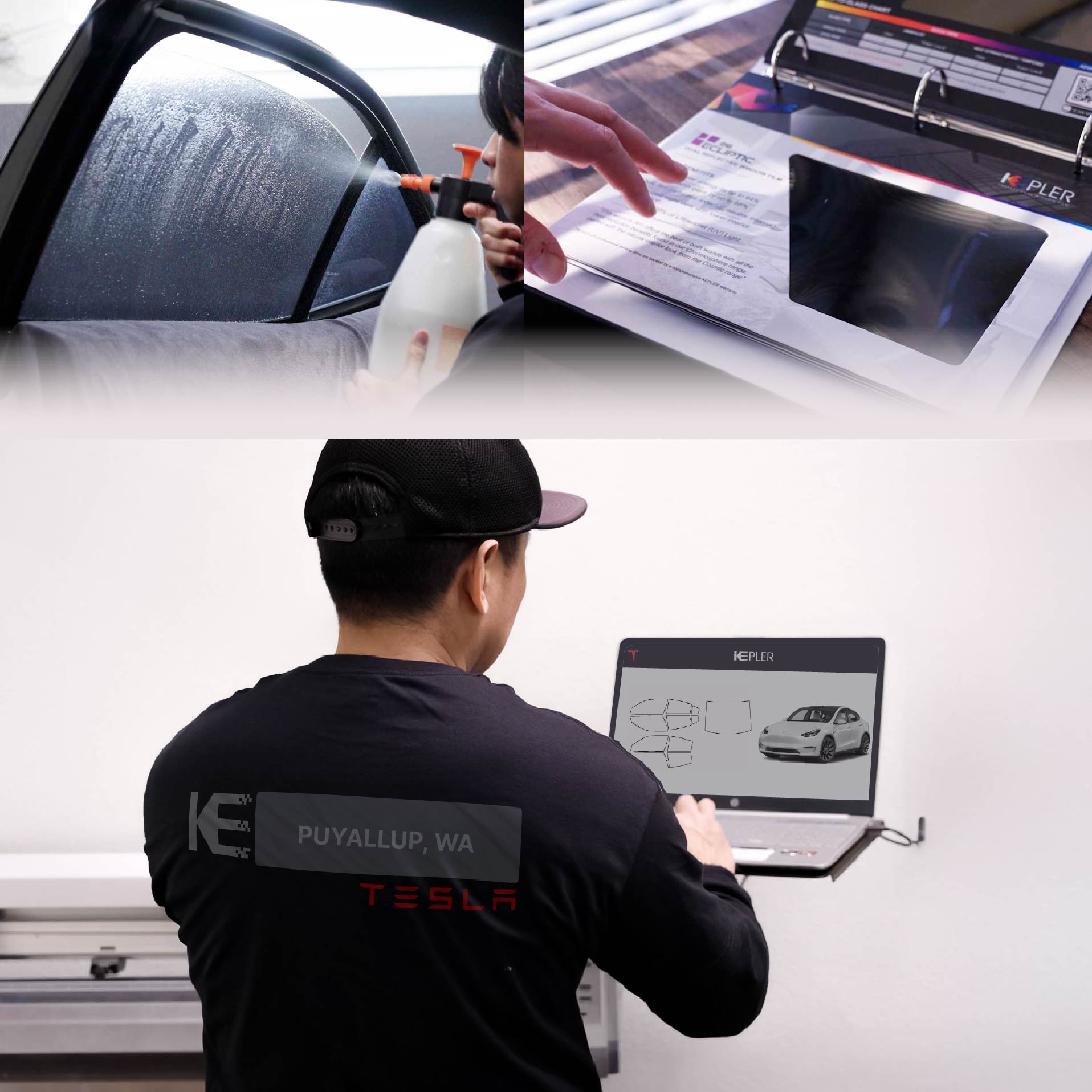 Expert Technician Installing Ceramic Window Tint to Tesla in Puyallup