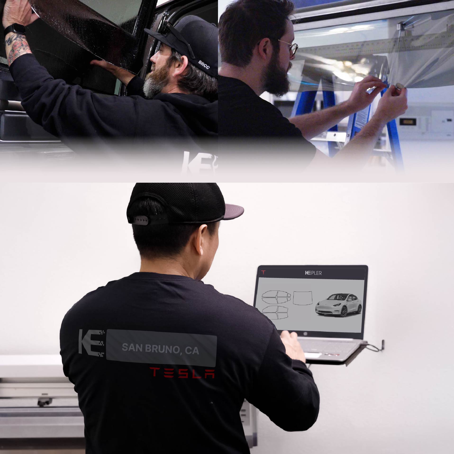 Expert Technician Fitting High-tech Window Tint to Tesla in San Bruno