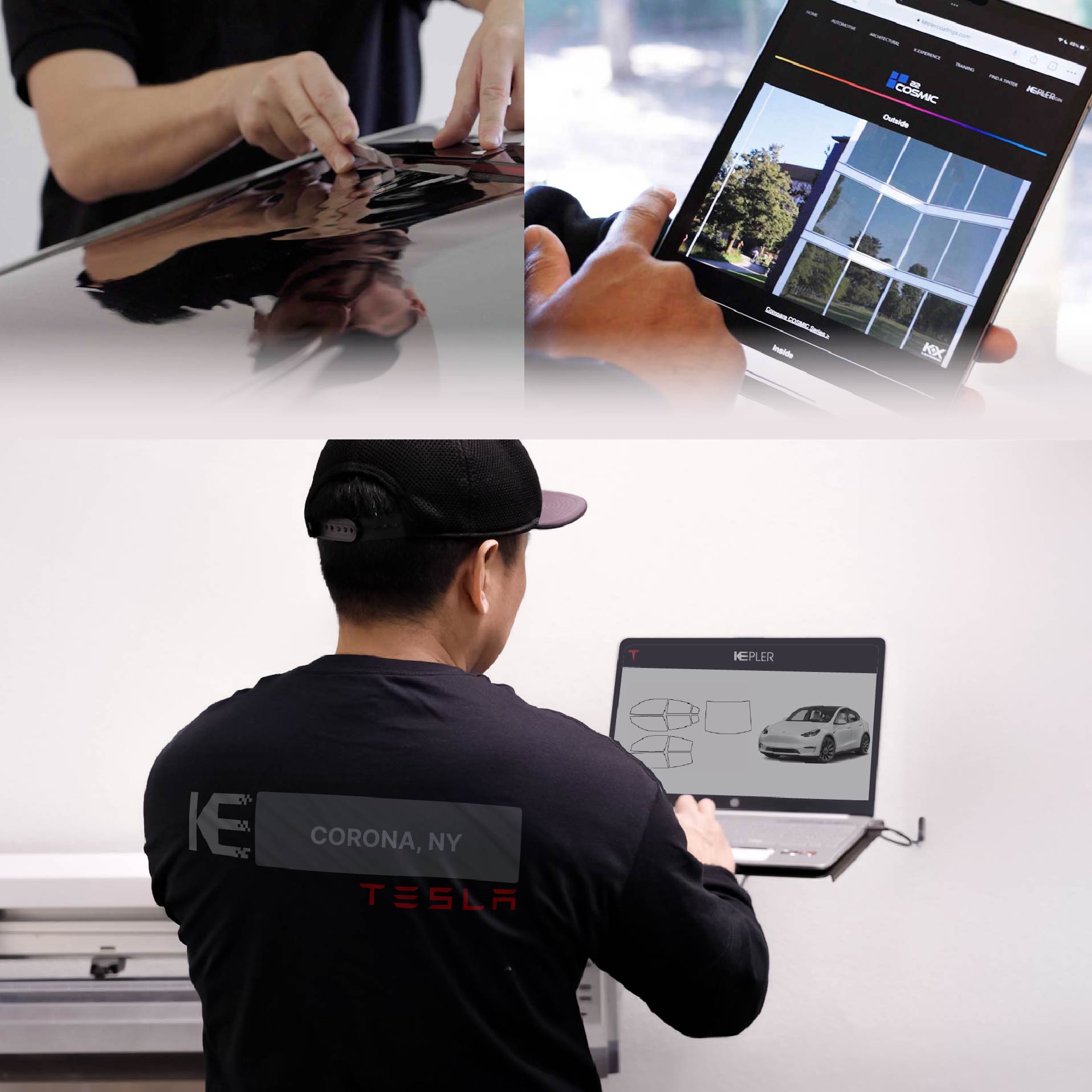 Expert Technician Applying Ceramic Window Tint to Tesla in Corona