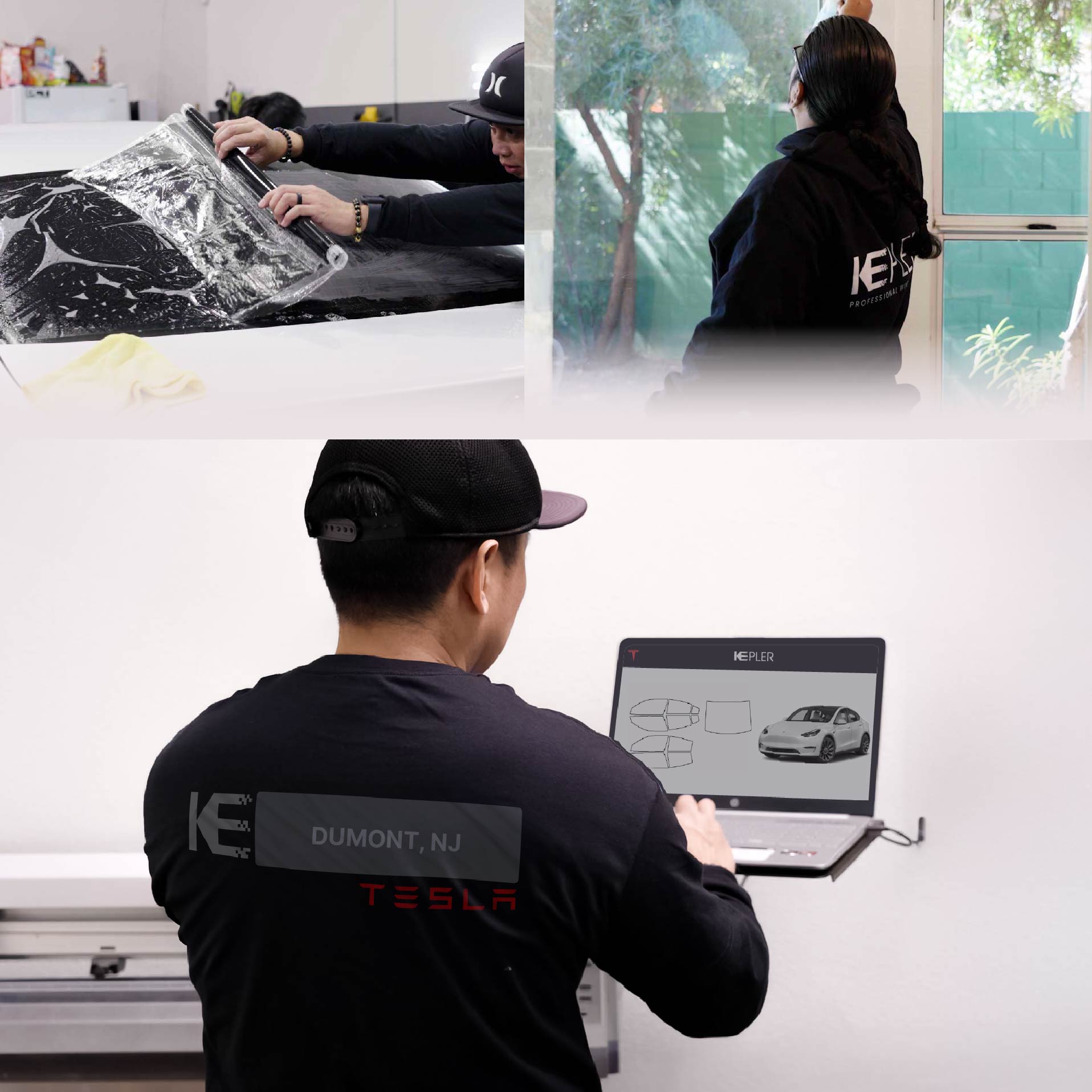 Kepler Technician Applying Ceramic Window Tint to Tesla in Dumont