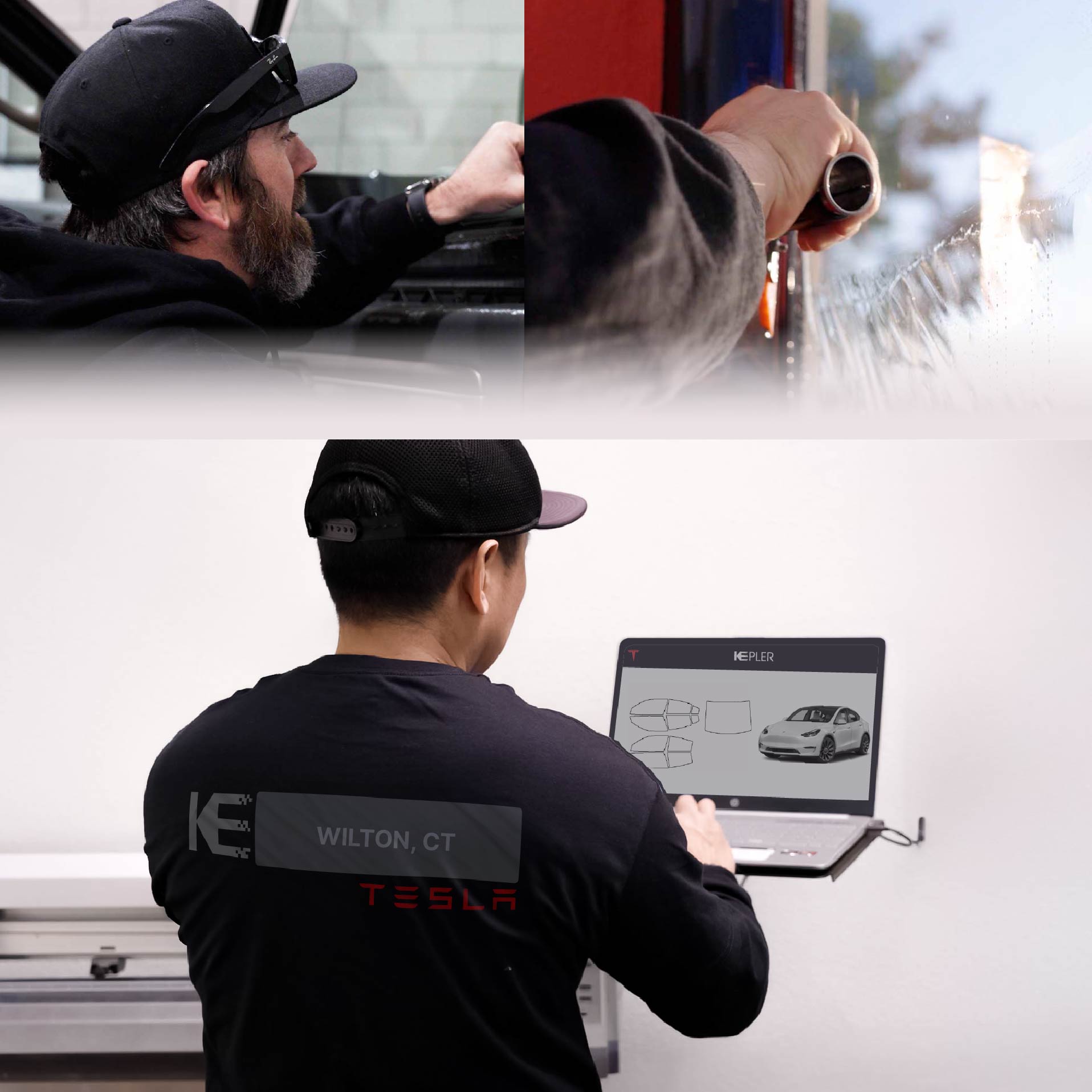 Kepler Technician Fitting Ceramic Window Tint to Tesla in Wilton