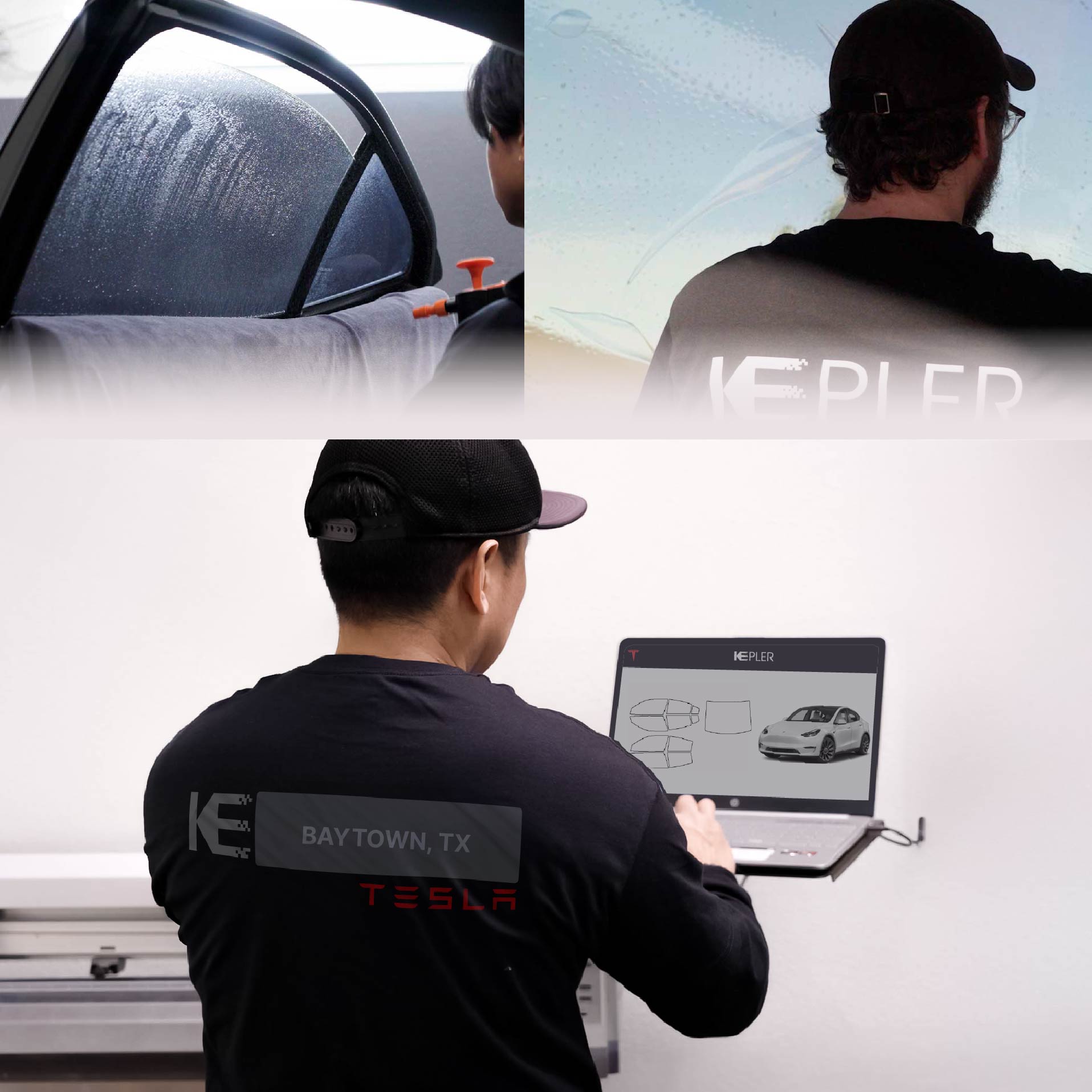 Kepler Technician Fitting Advanced Window Tint to Tesla in Baytown