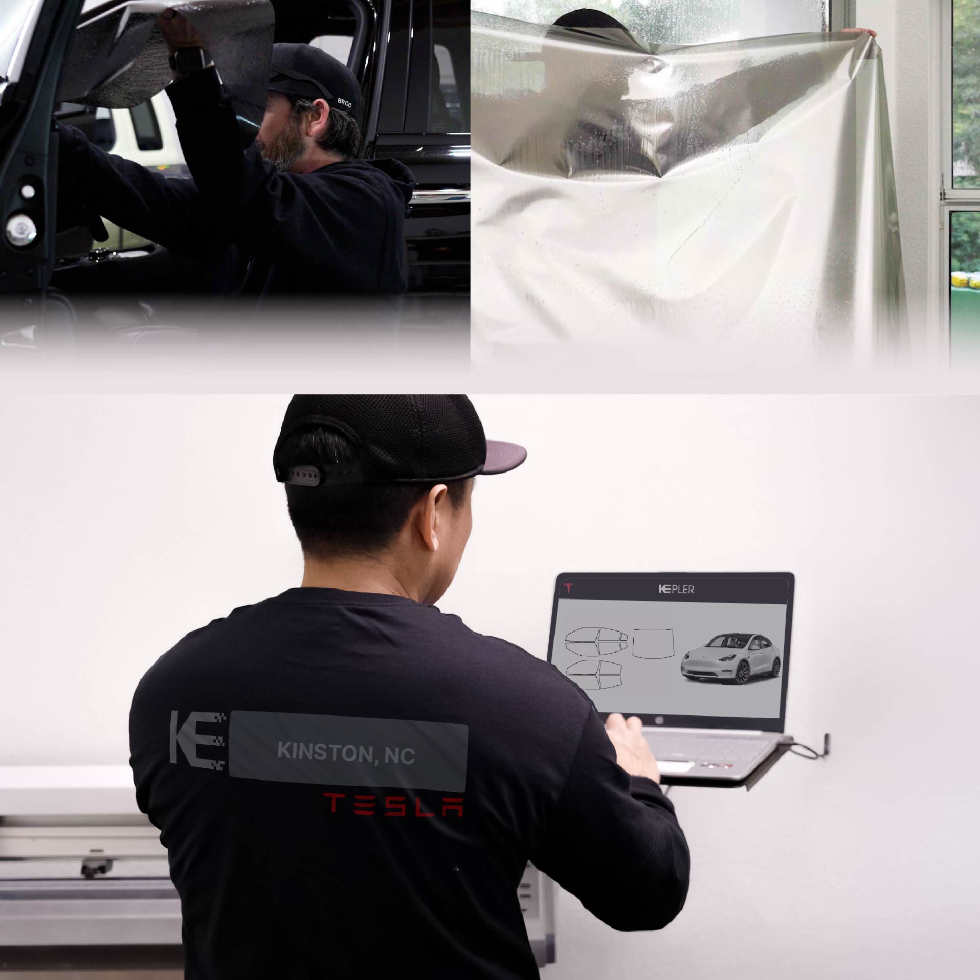 Expert Technician Applying High-tech Window Tint to Tesla in Kinston