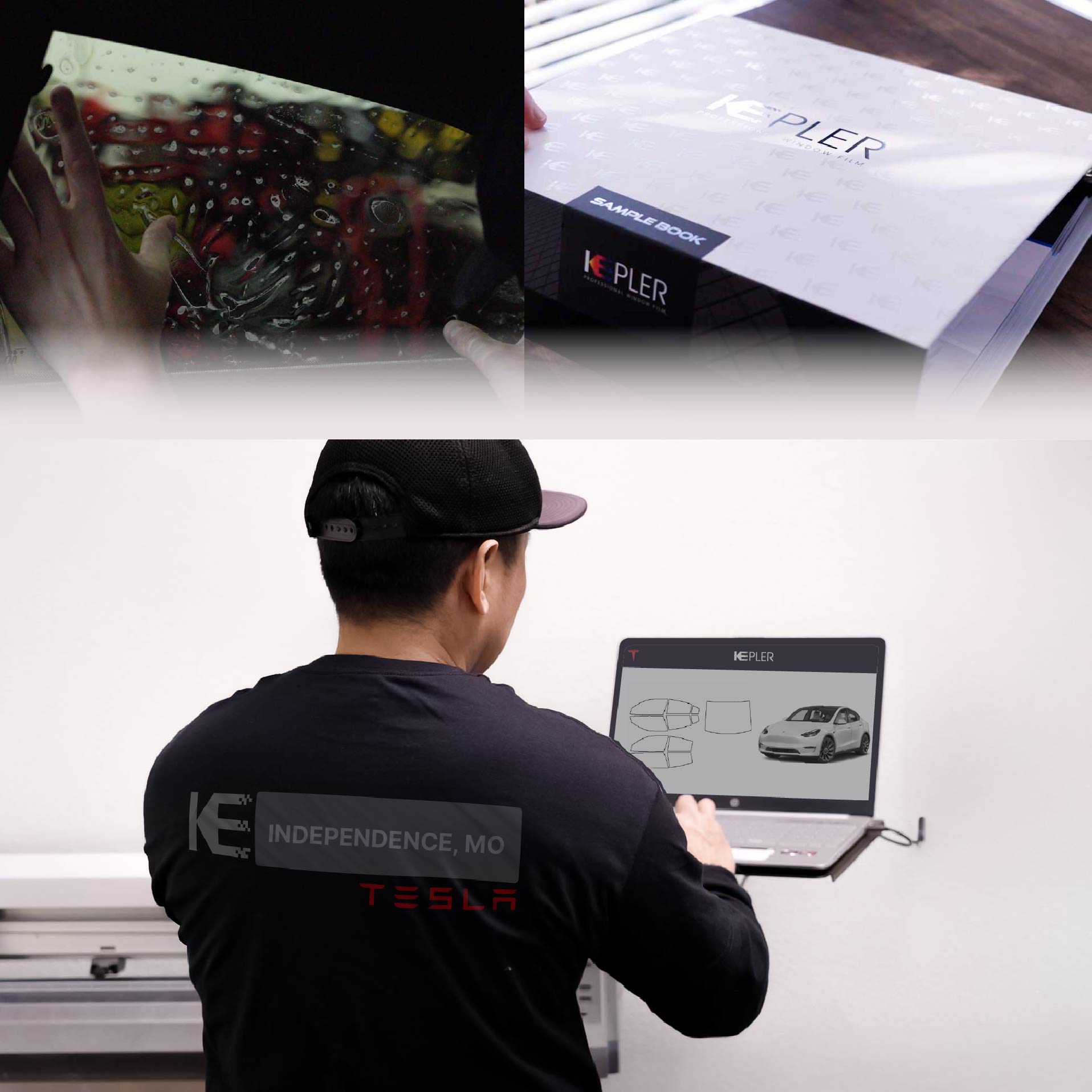 Expert Technician Fitting Advanced Window Tint to Tesla in Independence