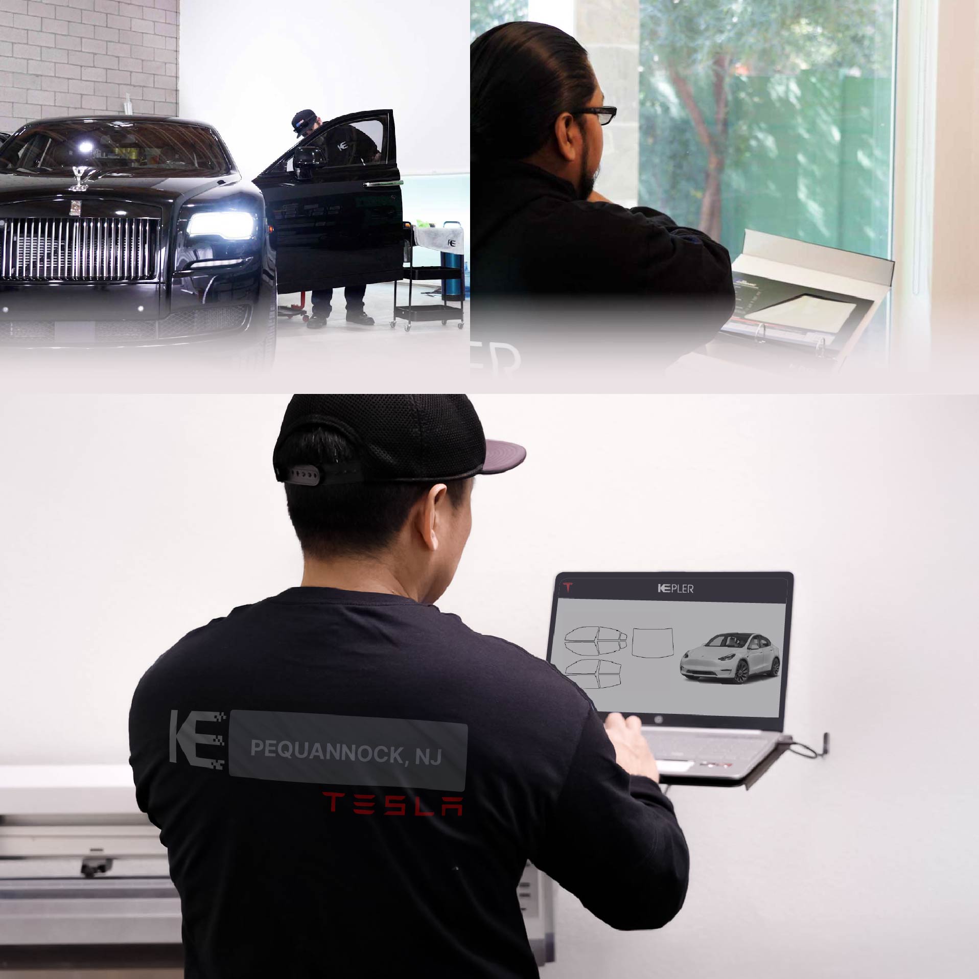 Expert Technician Applying High-tech Window Tint to Tesla in Pequannock