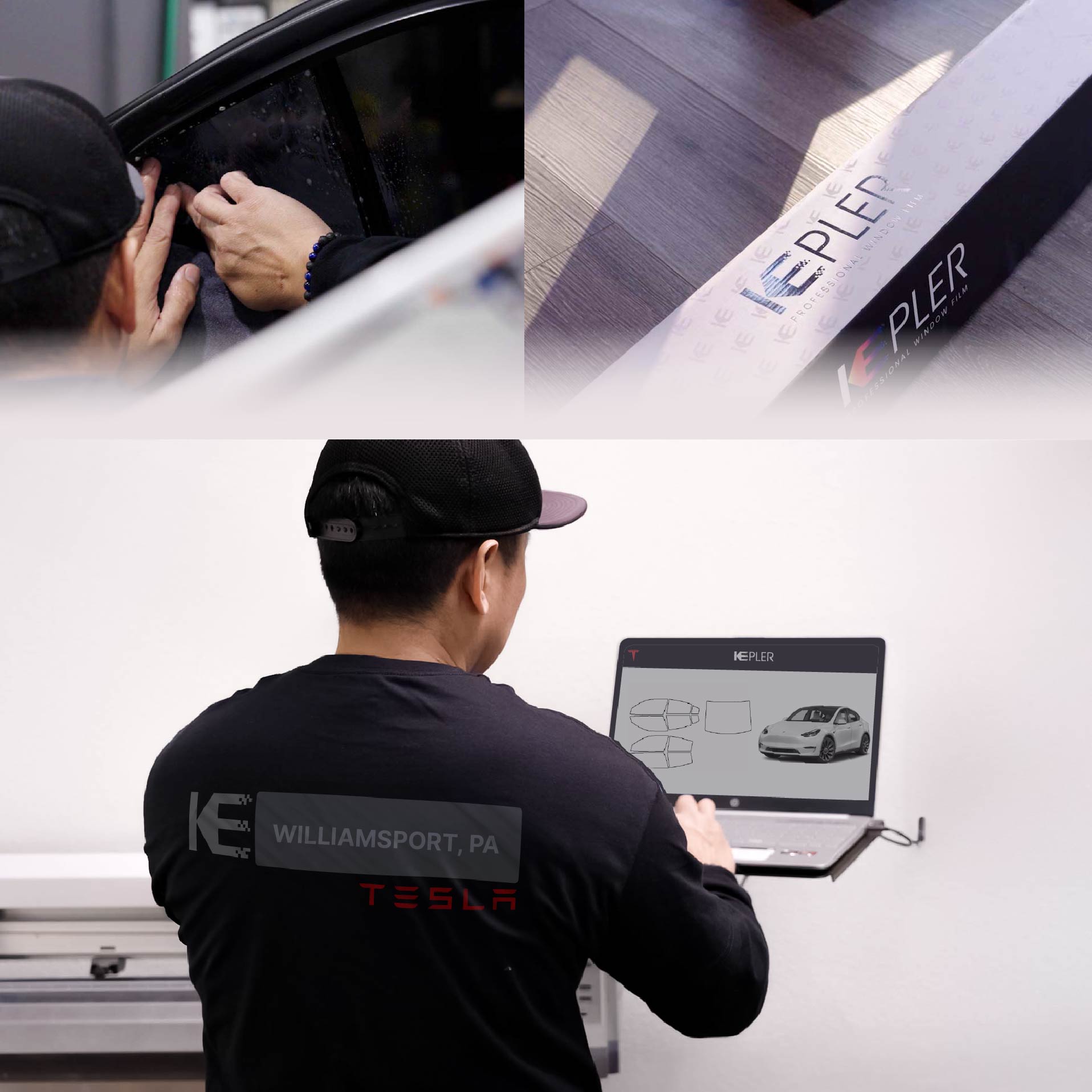 Expert Technician Fitting Ceramic Window Tint to Tesla in Williamsport