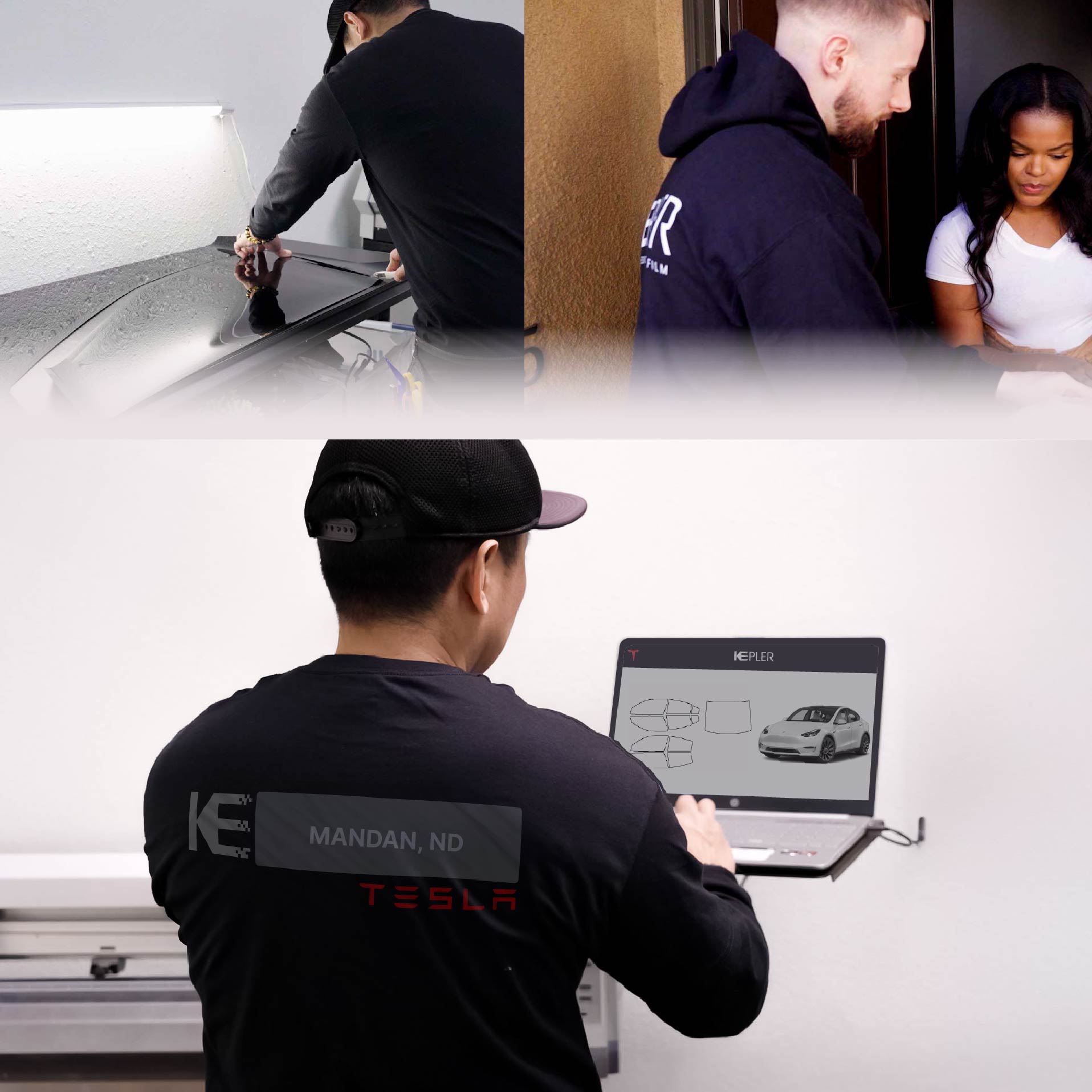 Kepler Technician Fitting High-tech Window Tint to Tesla in Mandan