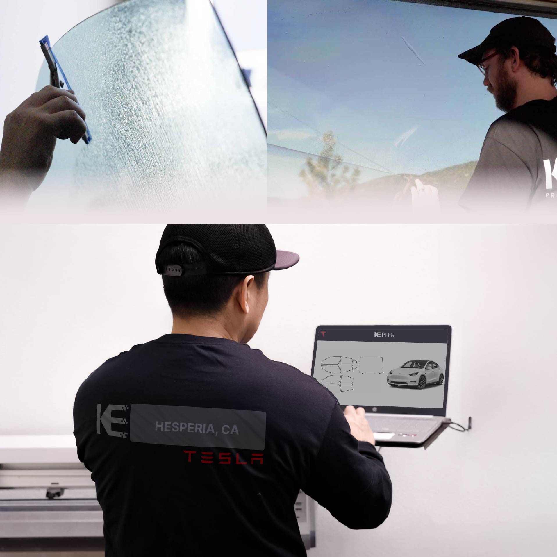 Expert Technician Applying Advanced Window Tint to Tesla in Hesperia