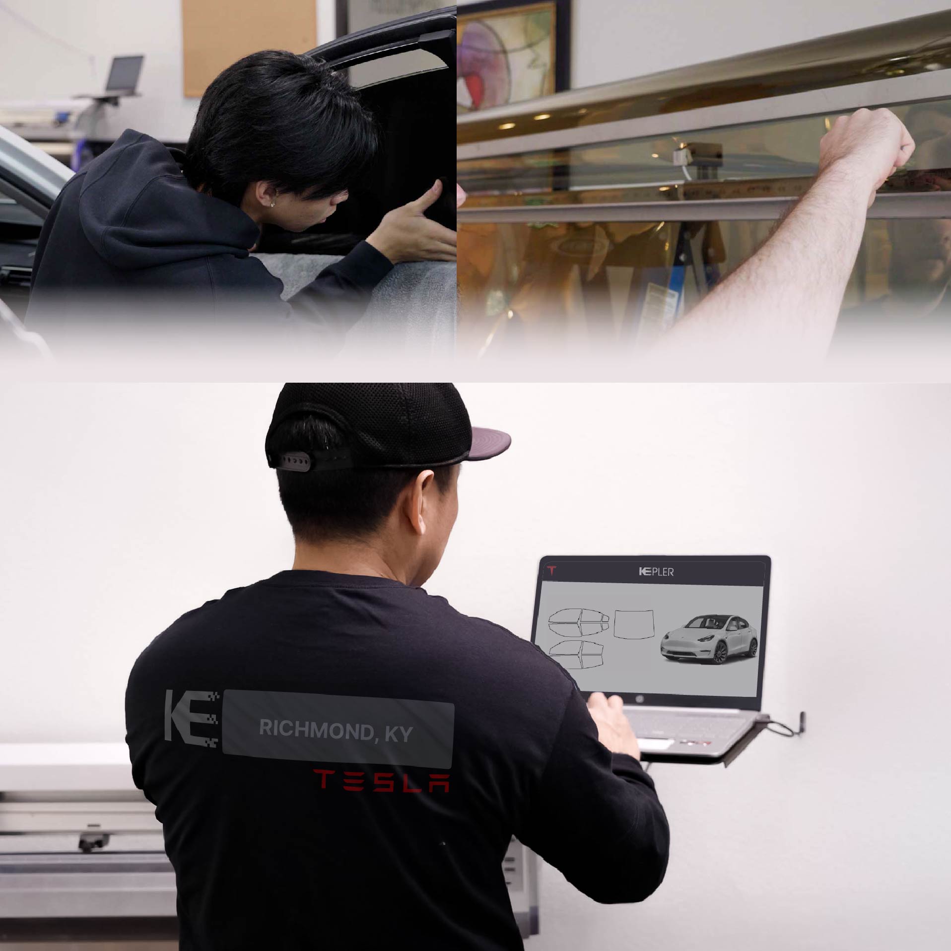 Kepler Technician Installing Ceramic Window Tint to Tesla in Richmond