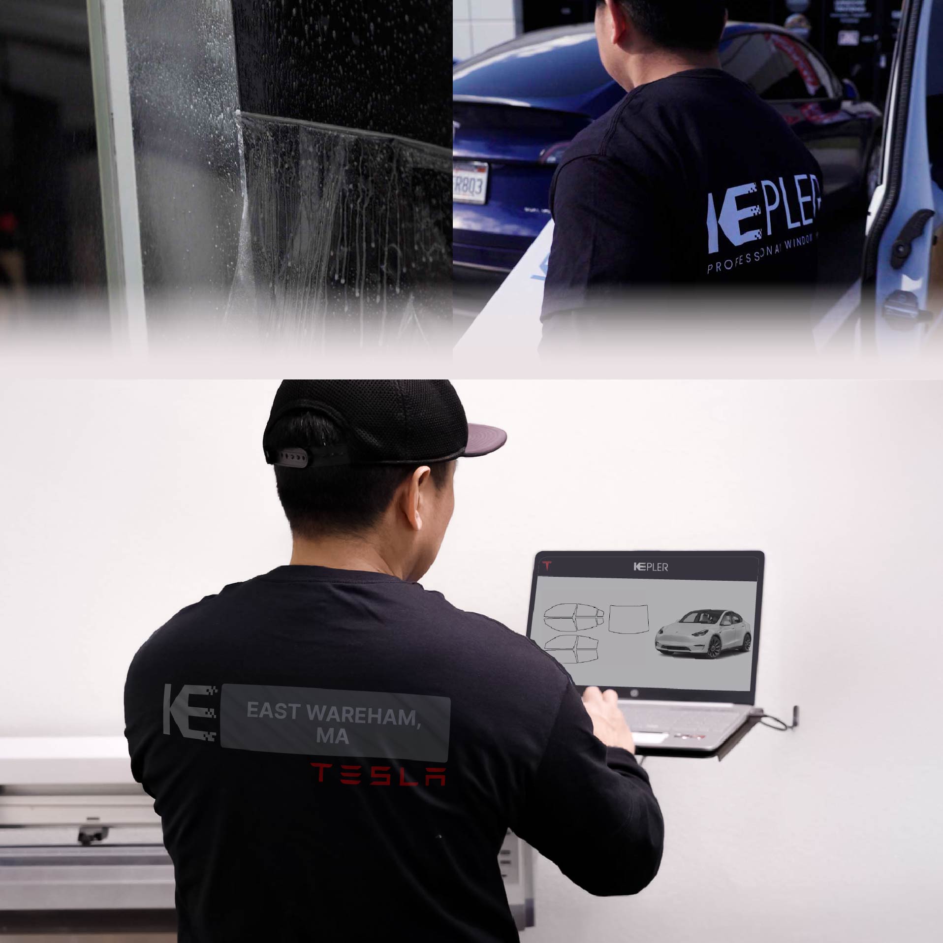 Expert Technician Applying High-tech Window Tint to Tesla in East Wareham