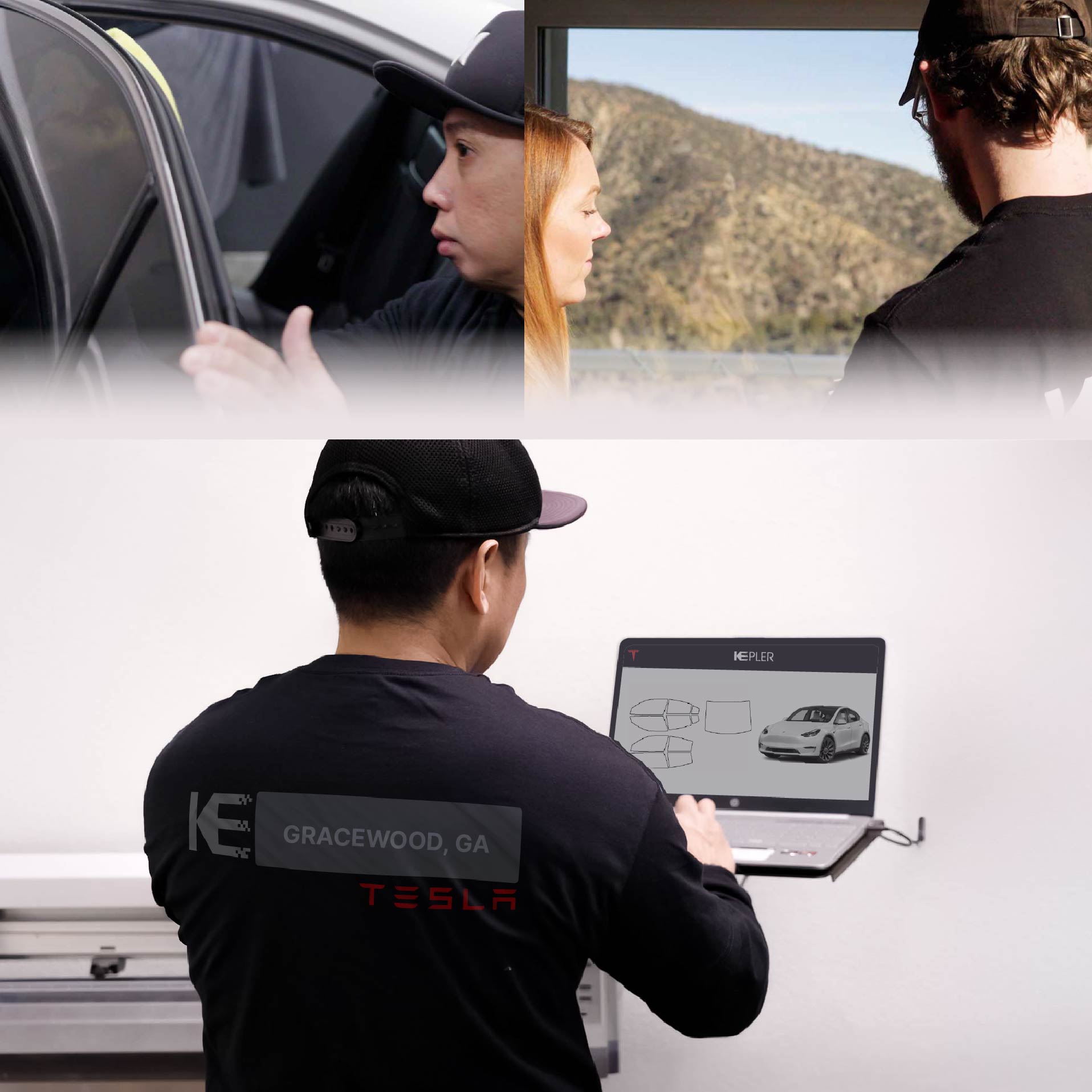 Kepler Technician Applying Ceramic Window Tint to Tesla in Gracewood