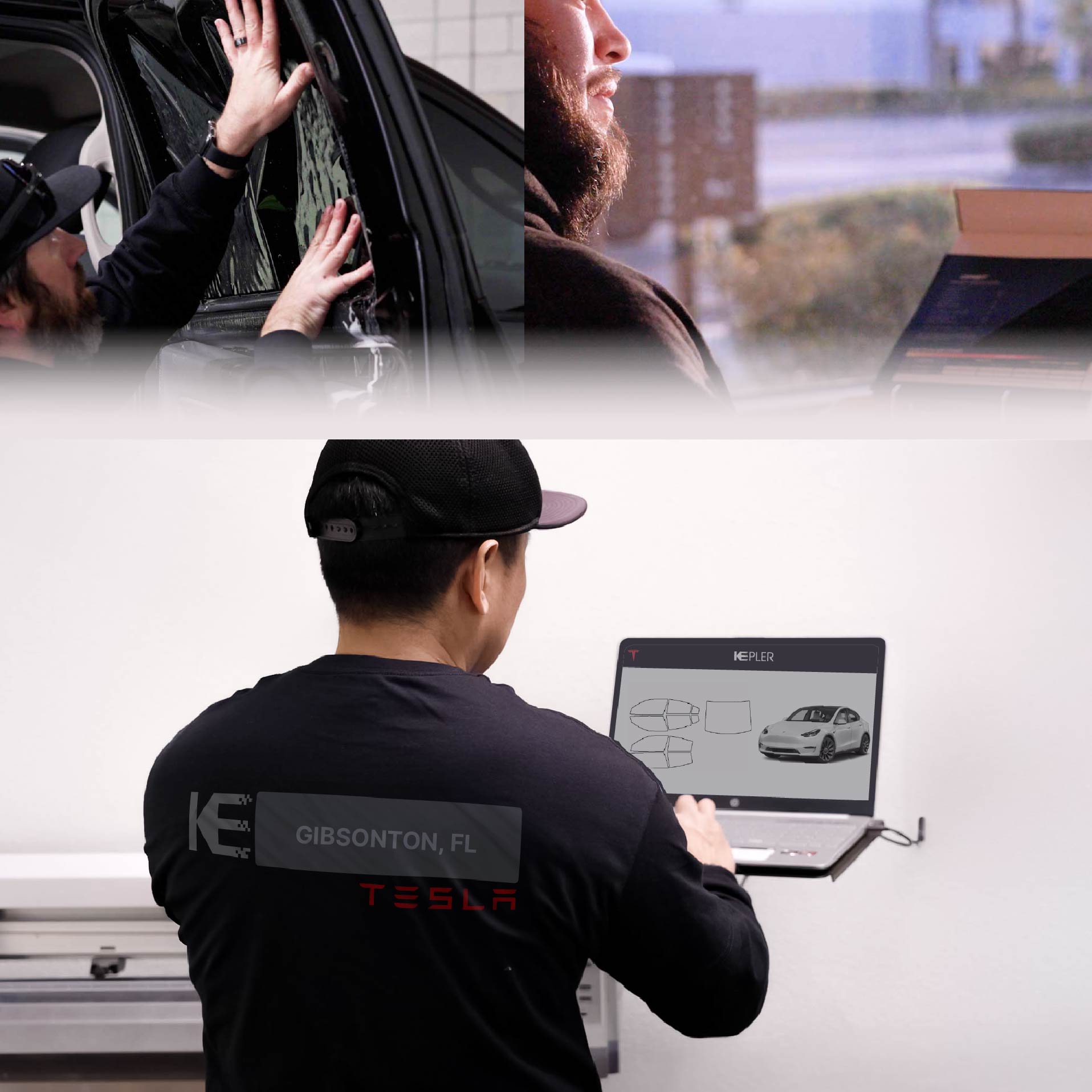 Expert Technician Fitting Ceramic Window Tint to Tesla in Gibsonton