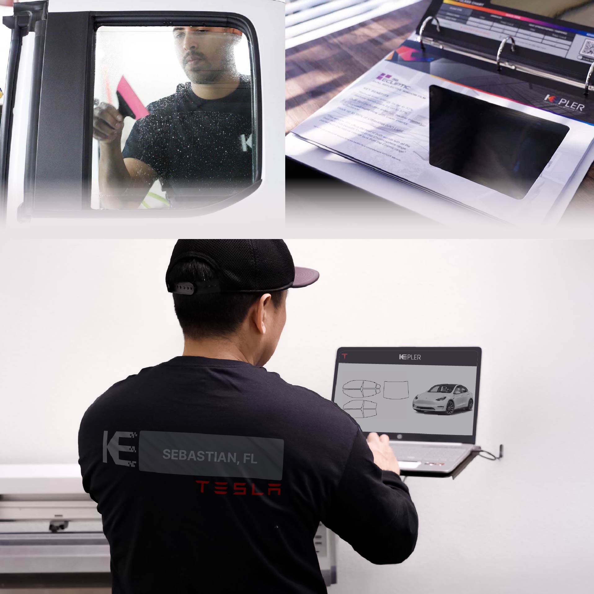 Expert Technician Installing Ceramic Window Tint to Tesla in Sebastian