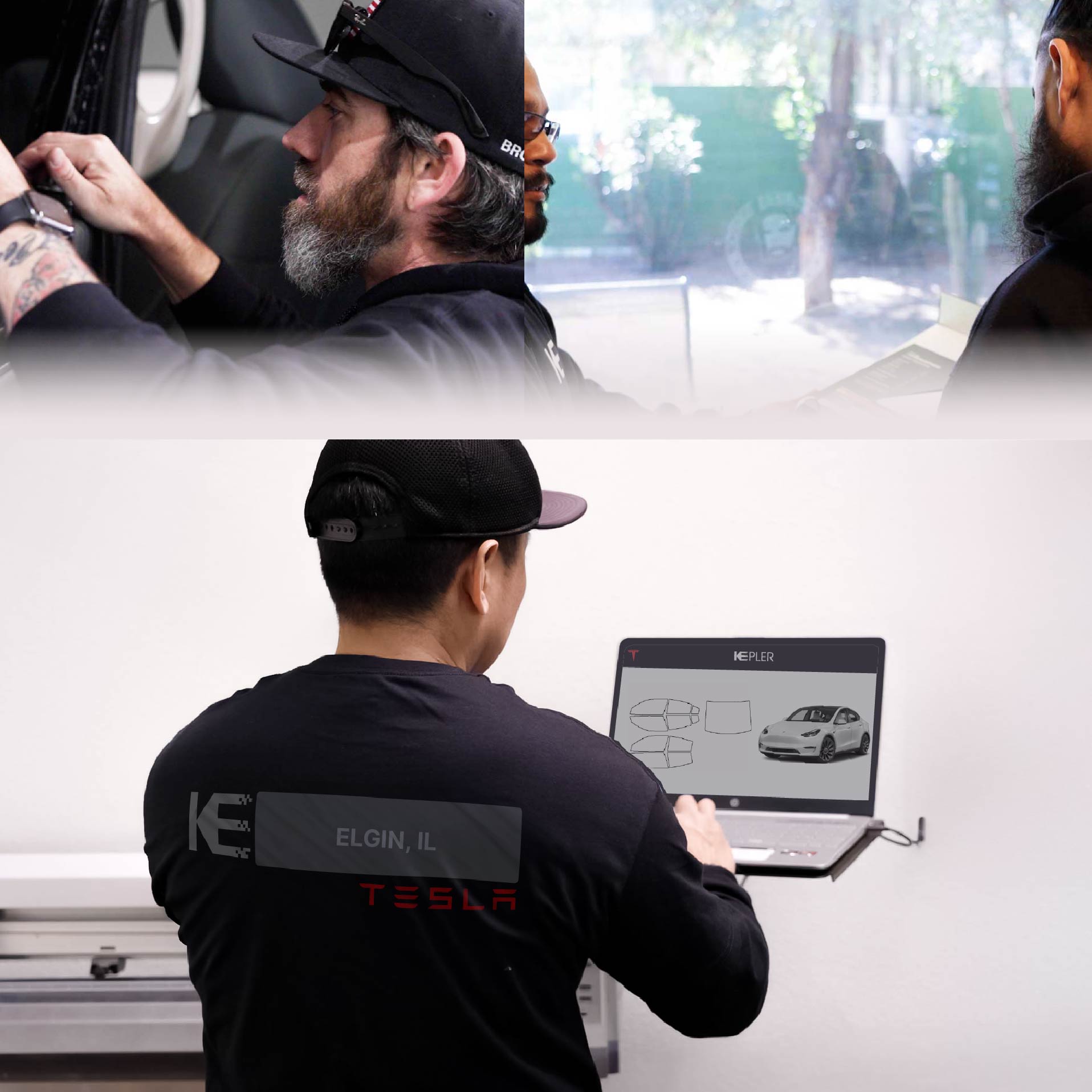Kepler Technician Applying Advanced Window Tint to Tesla in Elgin
